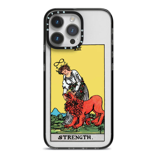 Strength Tarot Card iPhone 14 Pro Max Black Impact Case on Silver phone