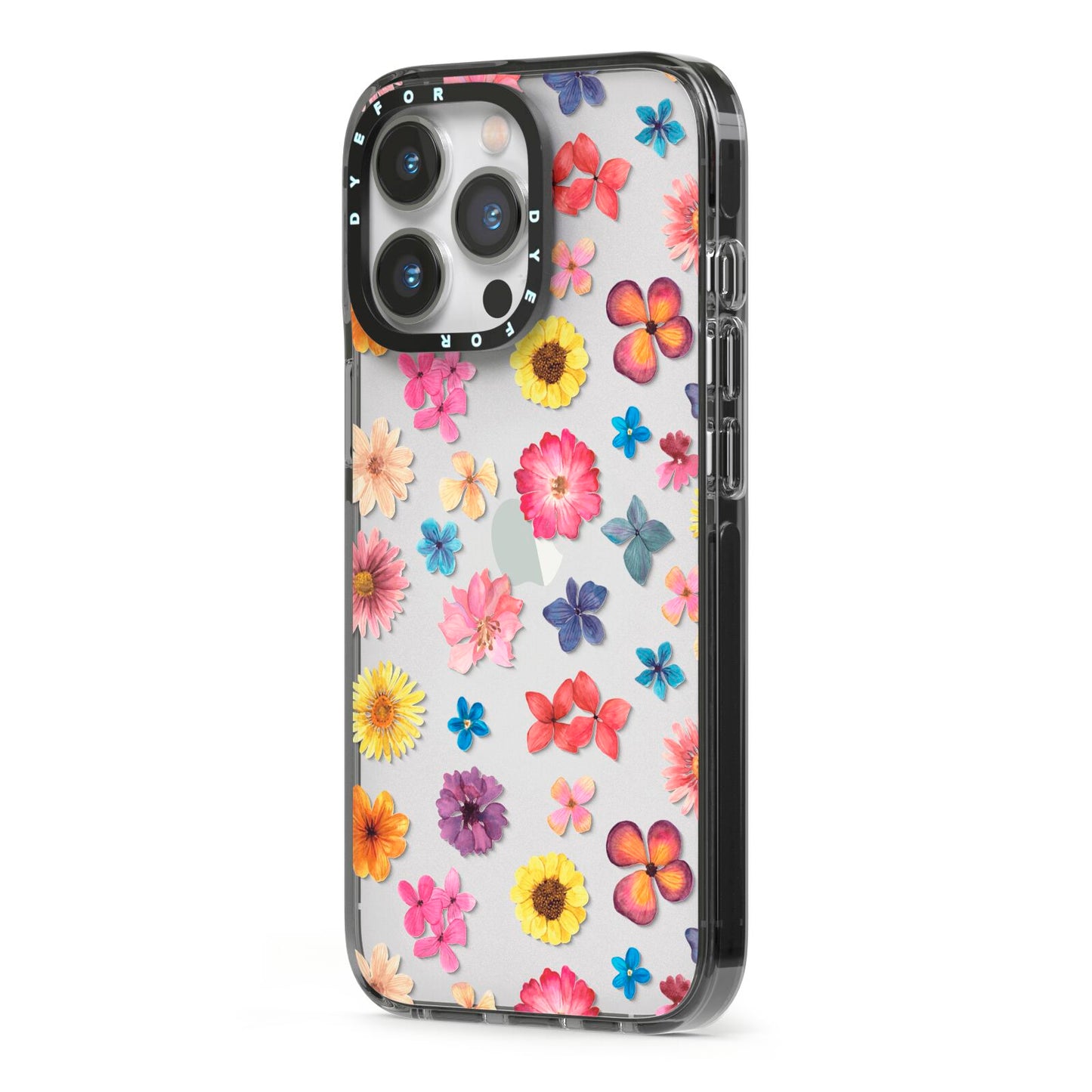Summer Floral iPhone 13 Pro Black Impact Case Side Angle on Silver phone