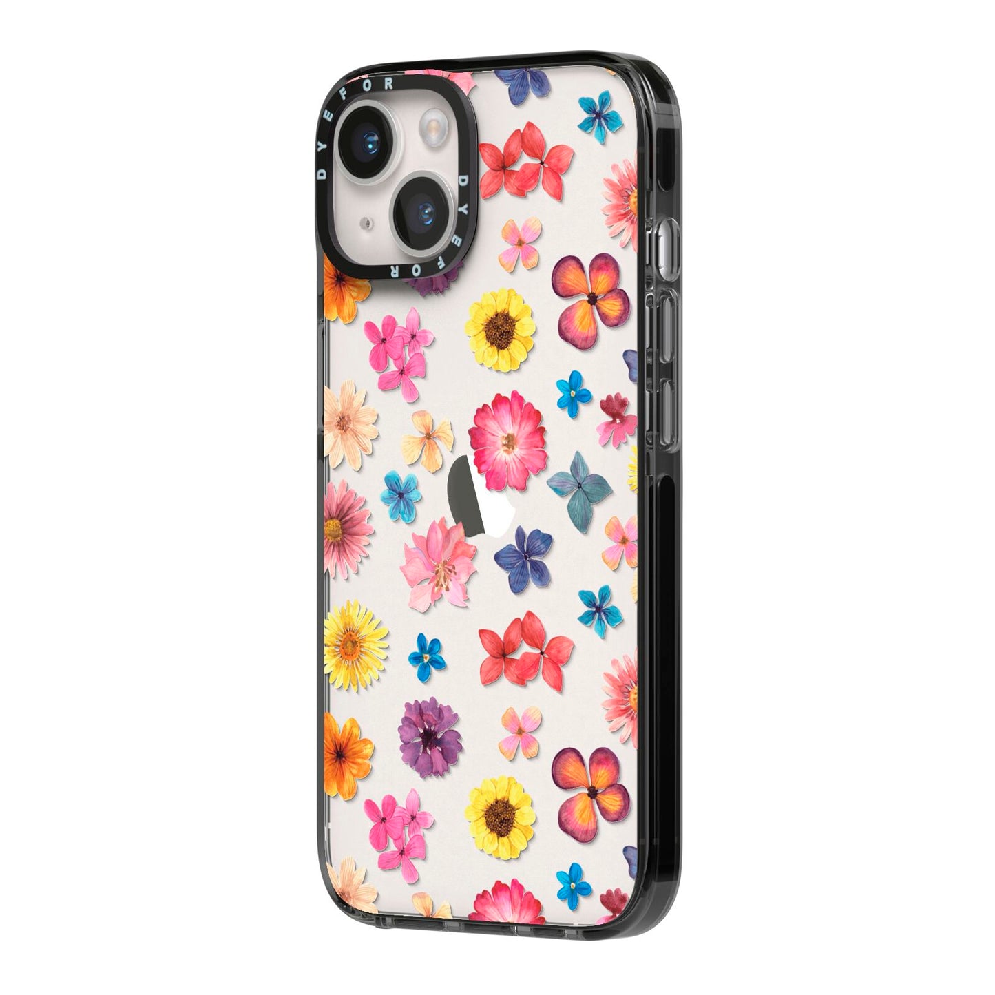 Summer Floral iPhone 14 Black Impact Case Side Angle on Silver phone