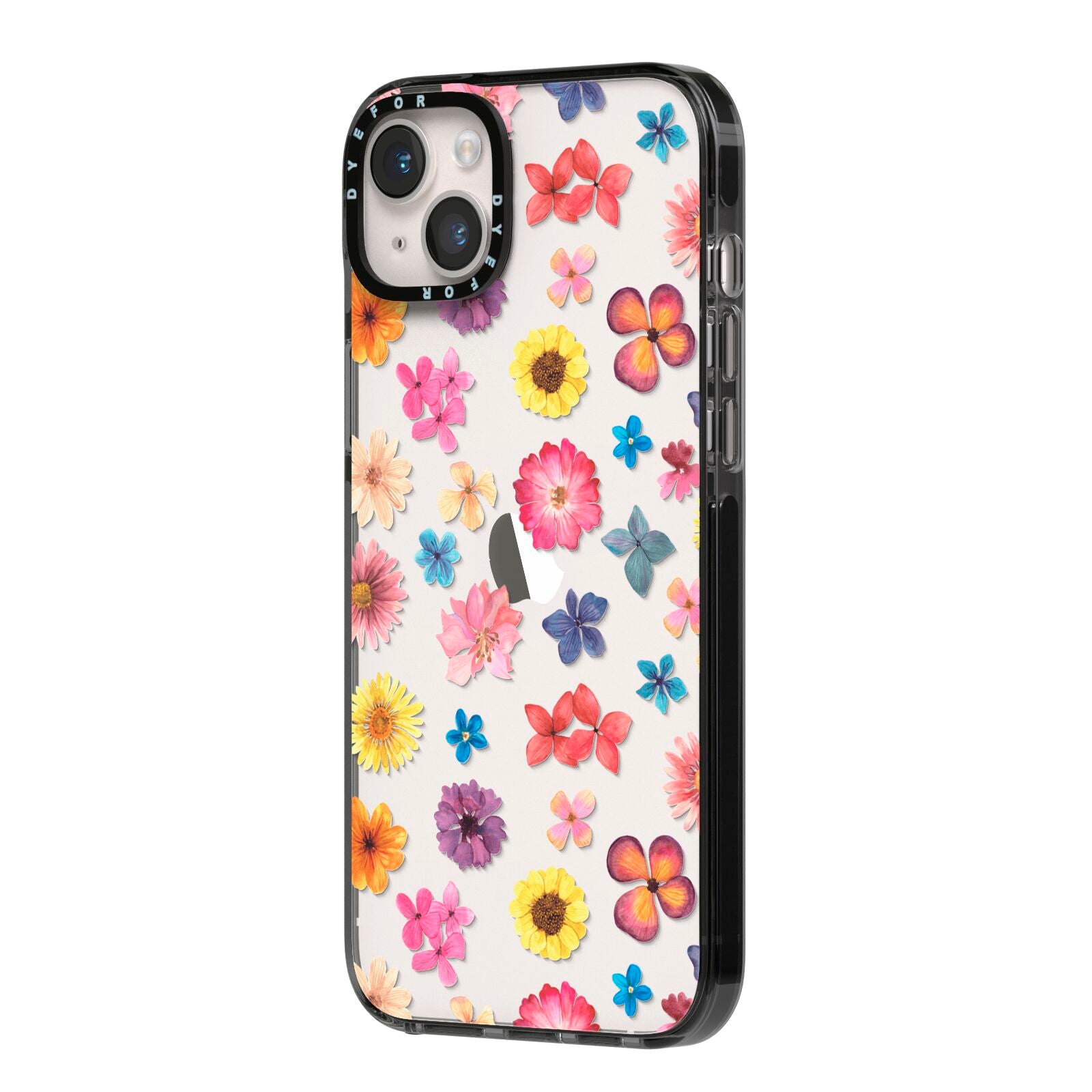 Summer Floral iPhone 14 Plus Black Impact Case Side Angle on Silver phone
