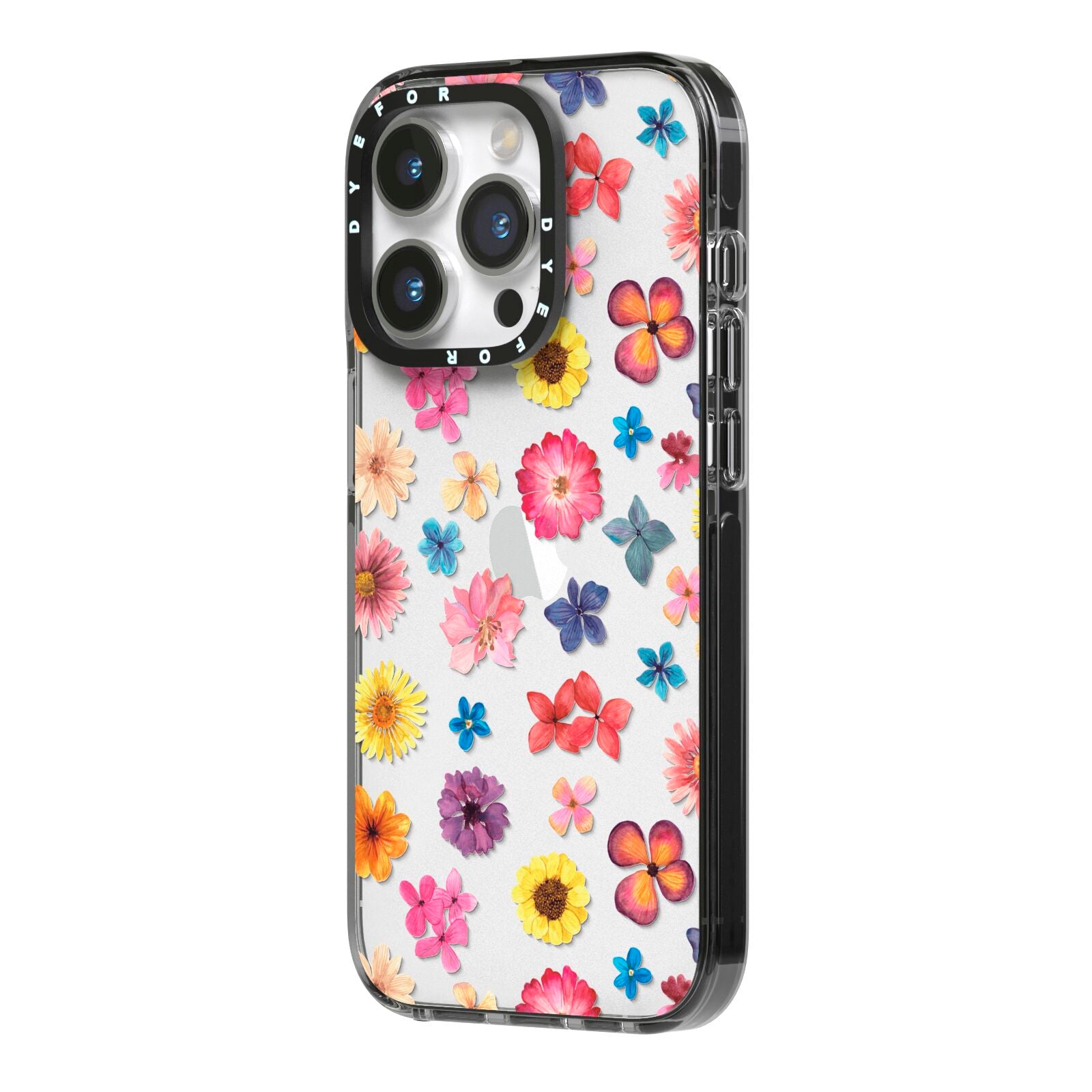 Summer Floral iPhone 14 Pro Black Impact Case Side Angle on Silver phone
