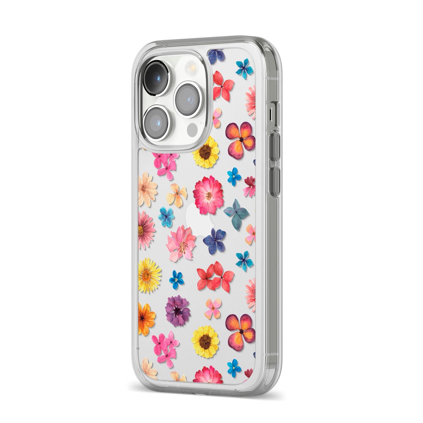 Summer Floral iPhone 14 Pro Clear Tough Case Silver Angled Image