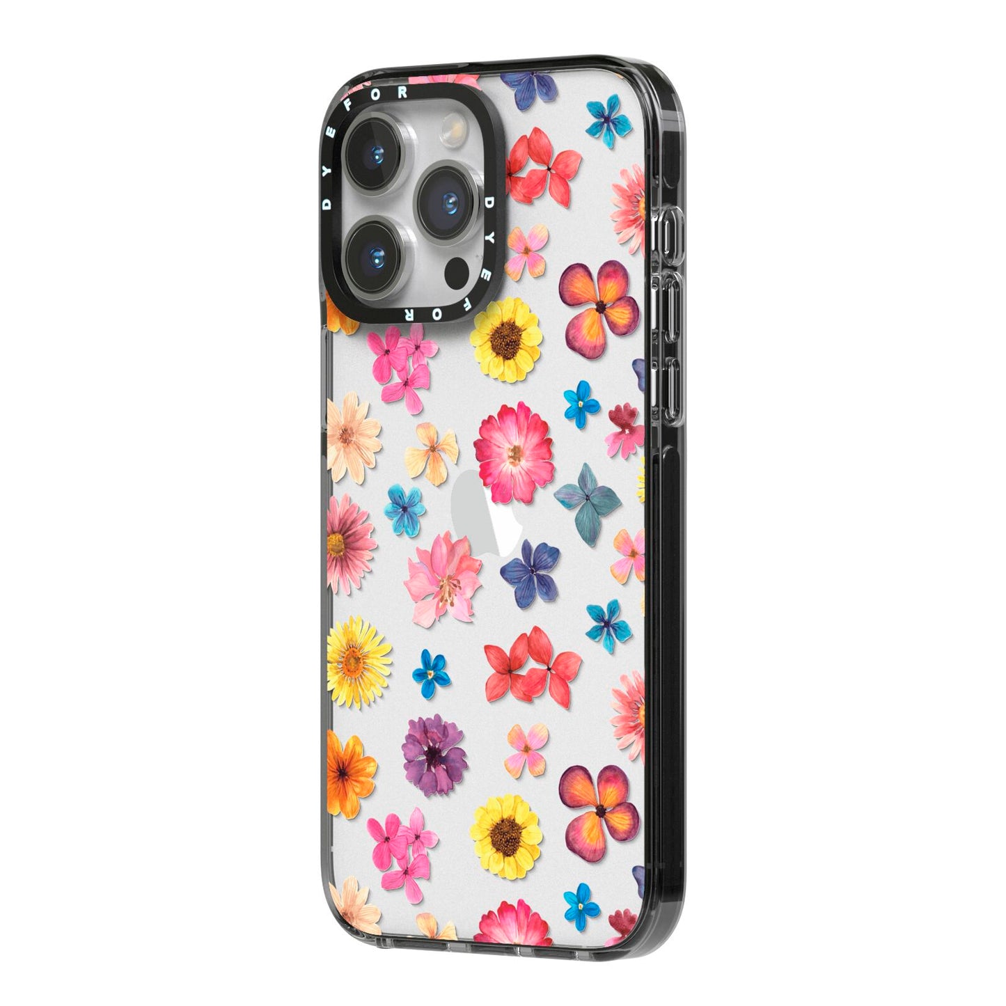 Summer Floral iPhone 14 Pro Max Black Impact Case Side Angle on Silver phone