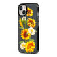 Sunflower Floral iPhone 13 Black Impact Case Side Angle on Silver phone