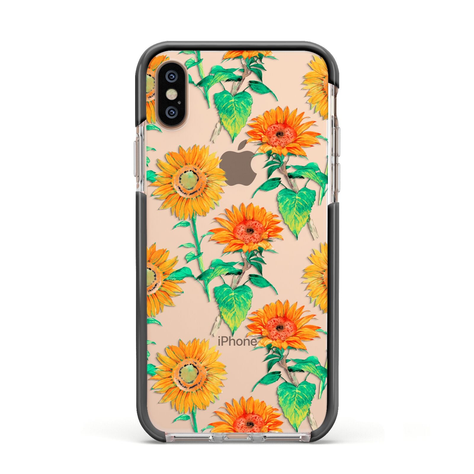 Sunflower Pattern Apple iPhone Xs Impact Case Black Edge on Gold Phone