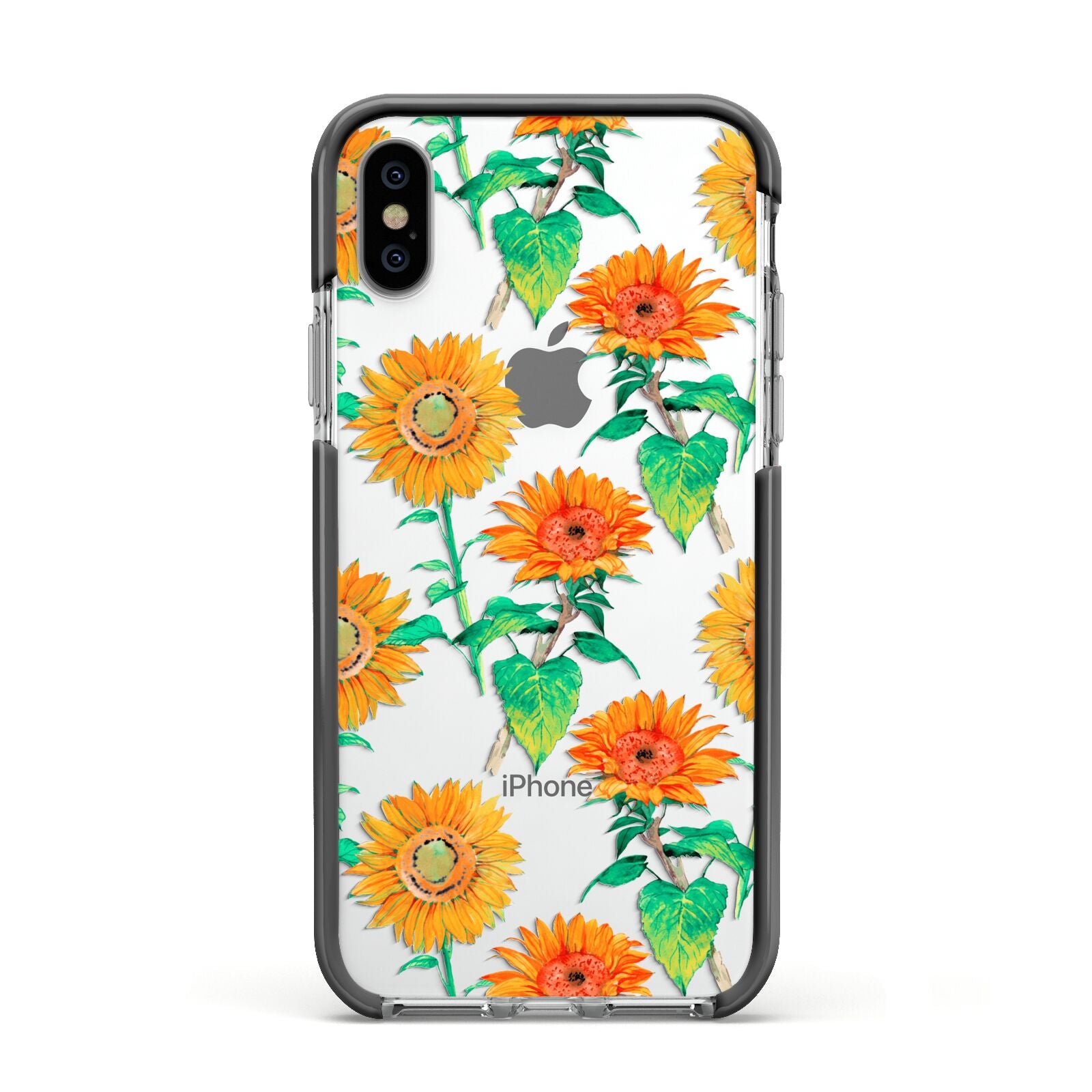 Sunflower Pattern Apple iPhone Xs Impact Case Black Edge on Silver Phone