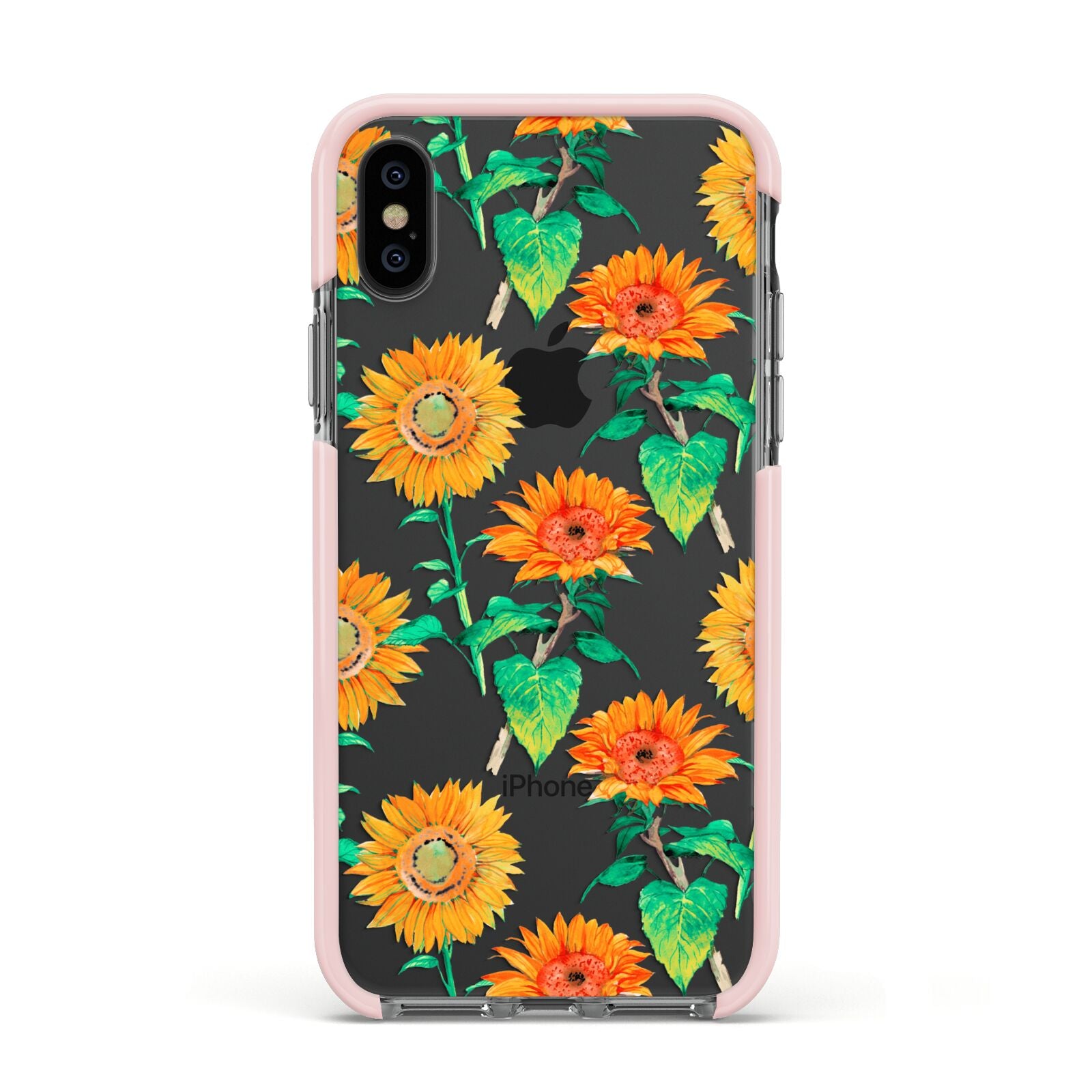 Sunflower Pattern Apple iPhone Xs Impact Case Pink Edge on Black Phone