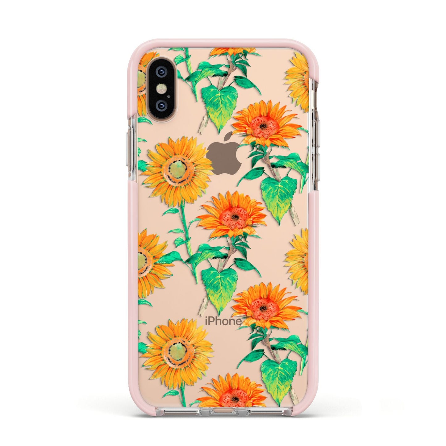 Sunflower Pattern Apple iPhone Xs Impact Case Pink Edge on Gold Phone