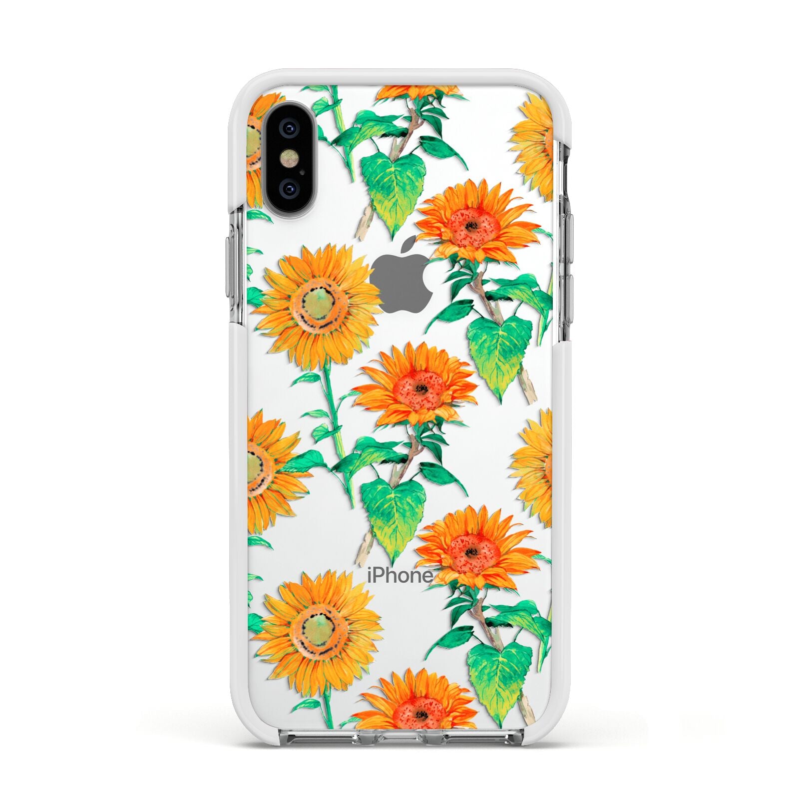 Sunflower Pattern Apple iPhone Xs Impact Case White Edge on Silver Phone