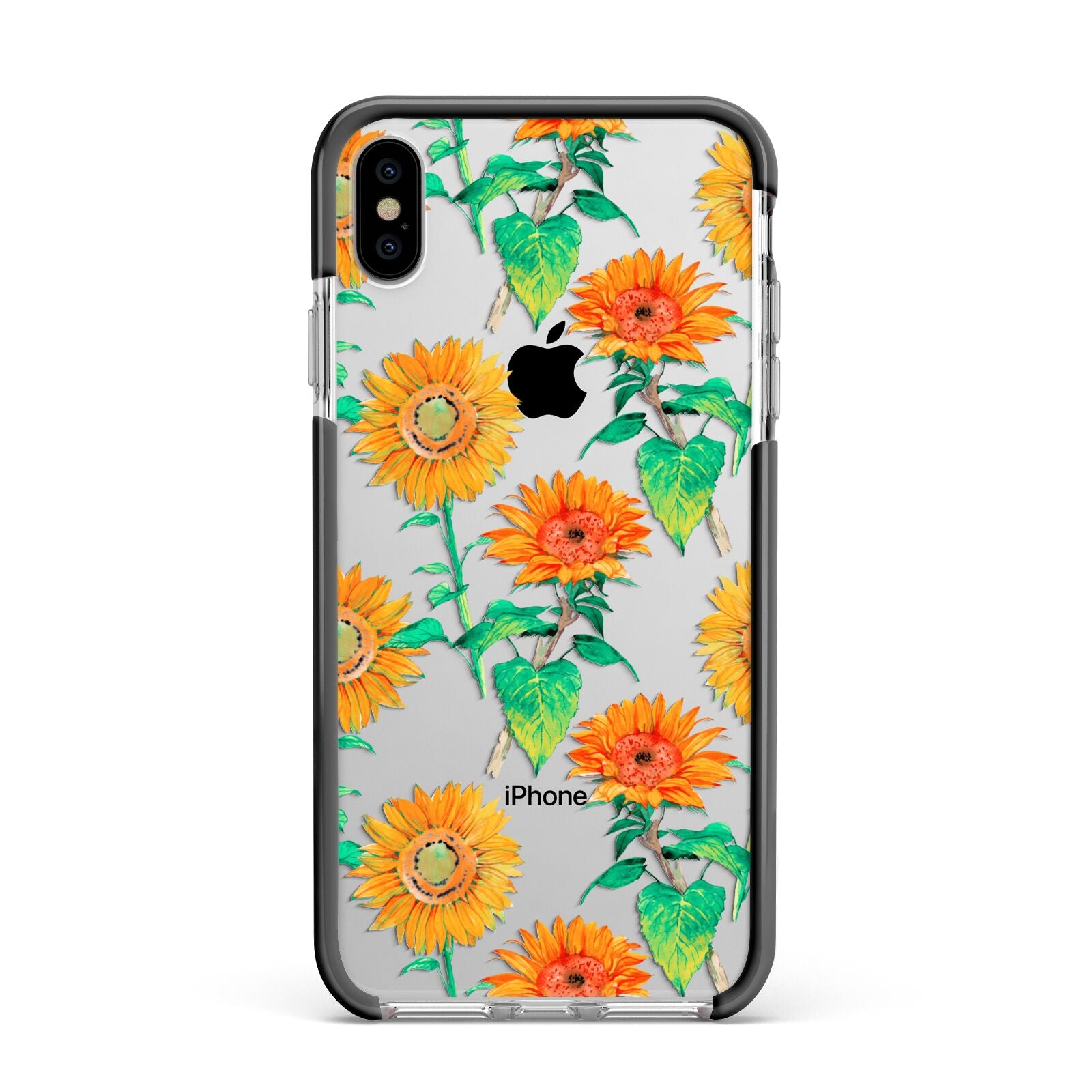 Sunflower Pattern Apple iPhone Xs Max Impact Case Black Edge on Silver Phone