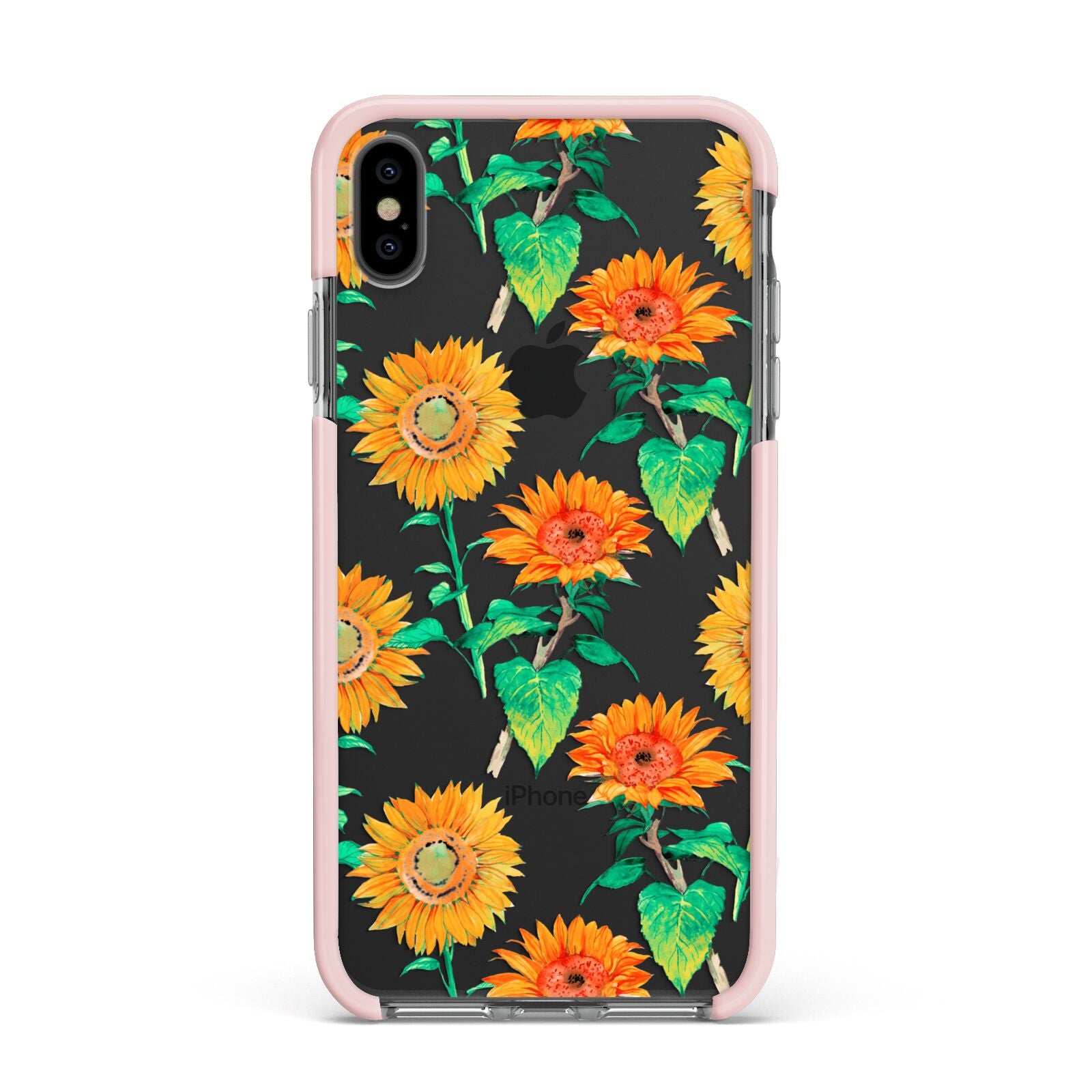 Sunflower Pattern Apple iPhone Xs Max Impact Case Pink Edge on Black Phone