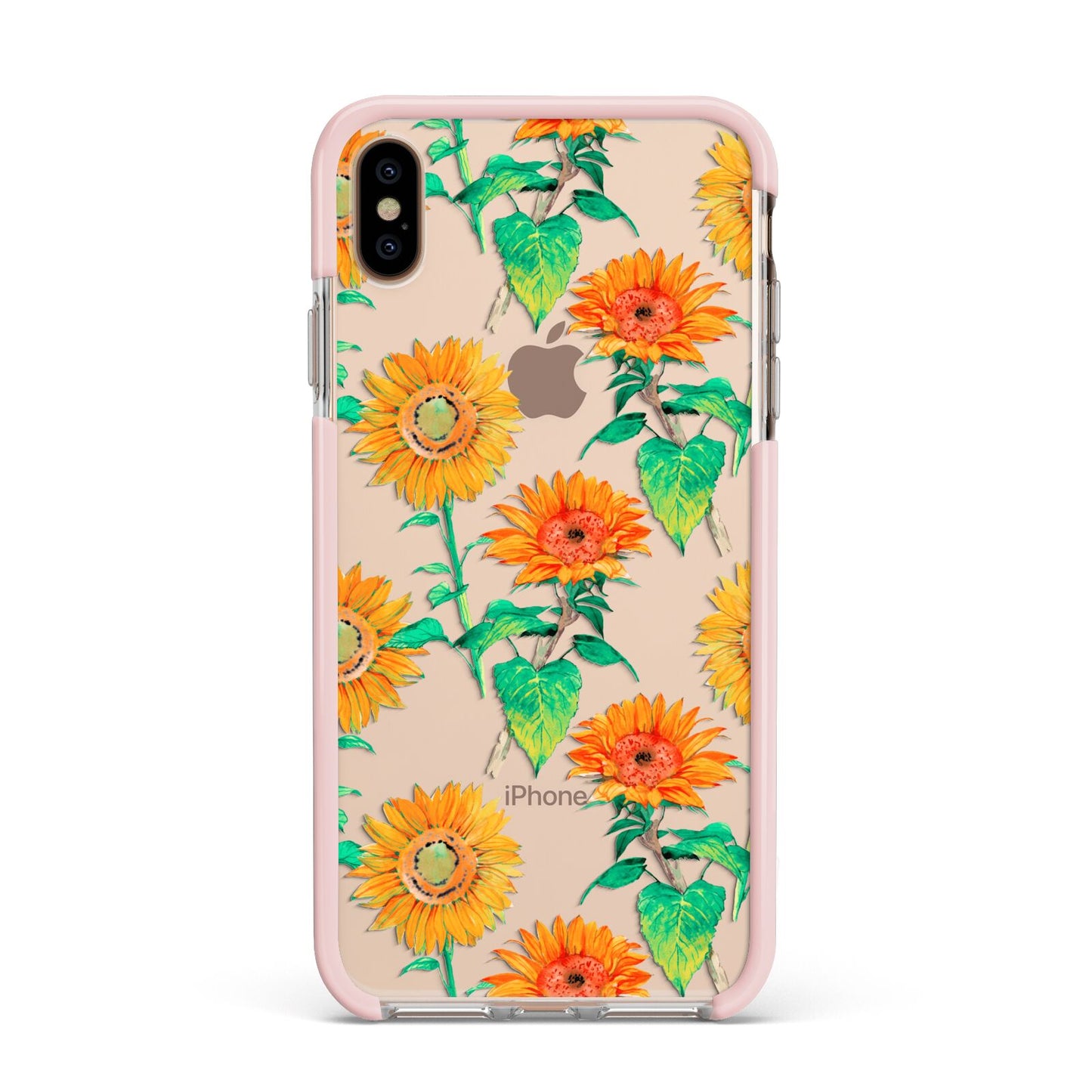 Sunflower Pattern Apple iPhone Xs Max Impact Case Pink Edge on Gold Phone