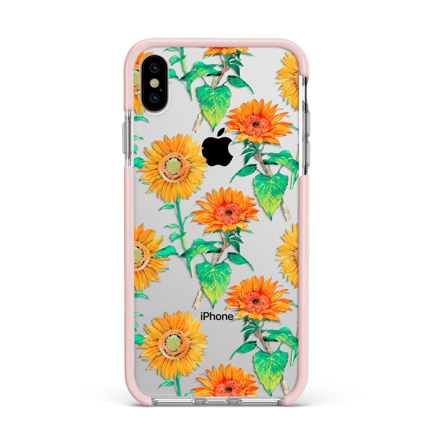 Sunflower Pattern Apple iPhone Xs Max Impact Case Pink Edge on Silver Phone