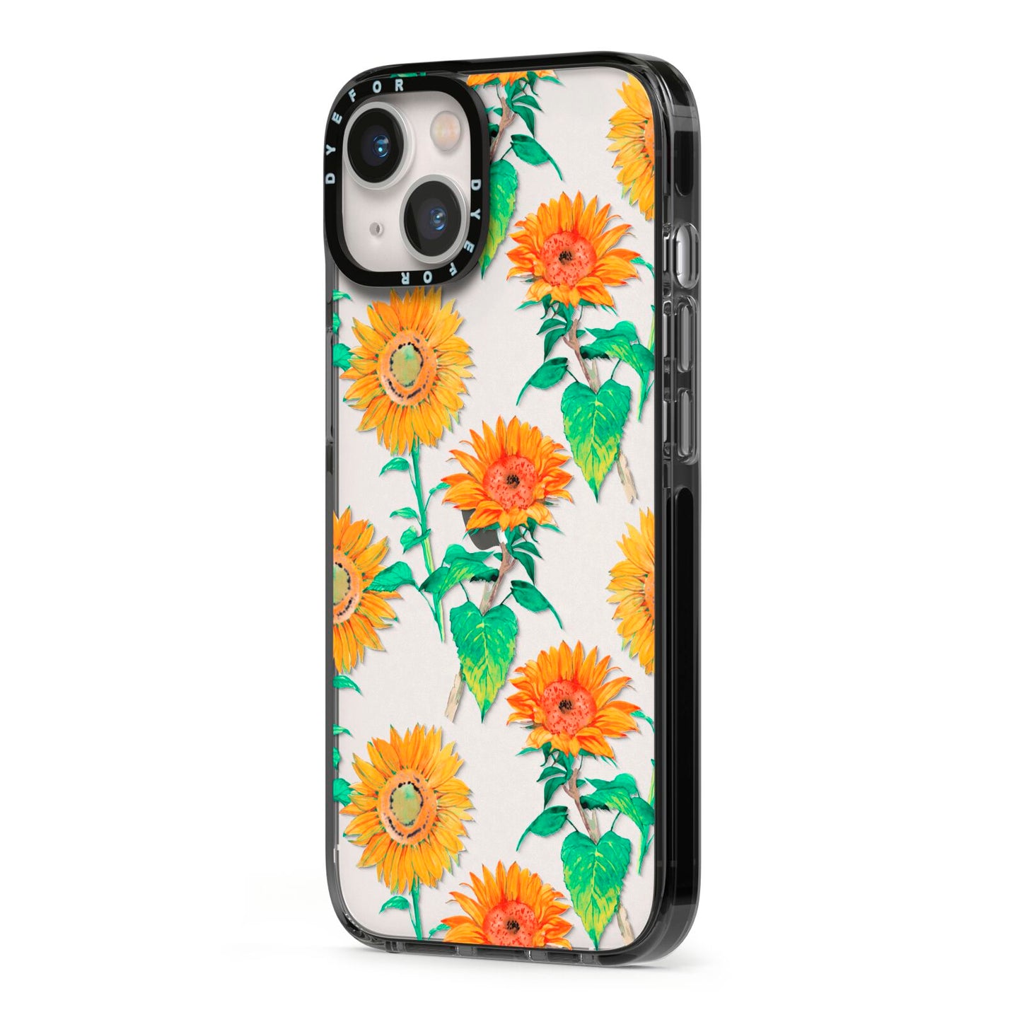 Sunflower Pattern iPhone 13 Black Impact Case Side Angle on Silver phone