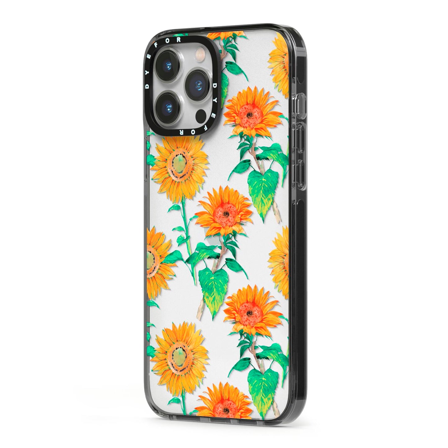 Sunflower Pattern iPhone 13 Pro Max Black Impact Case Side Angle on Silver phone