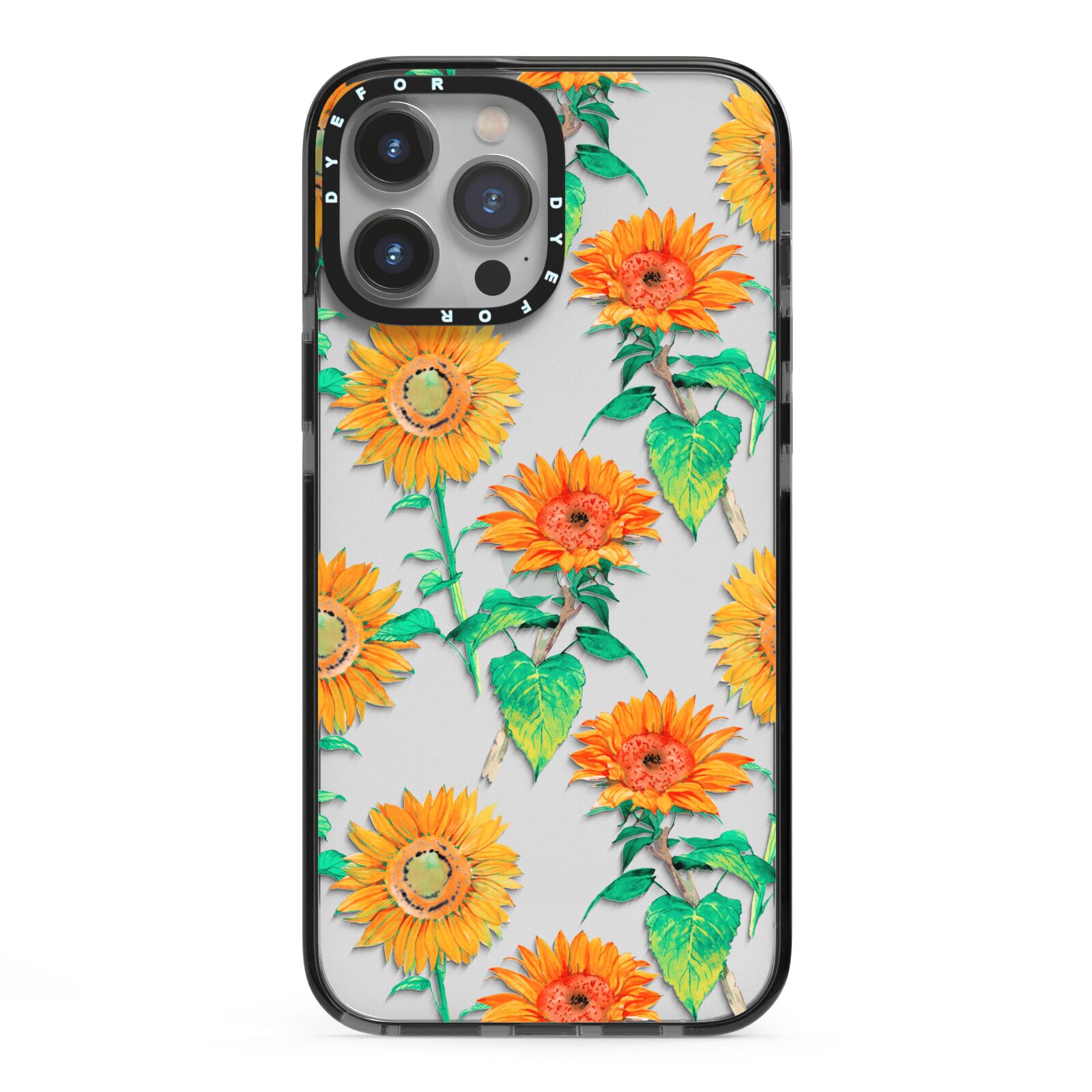 Sunflower Pattern iPhone 13 Pro Max Black Impact Case on Silver phone