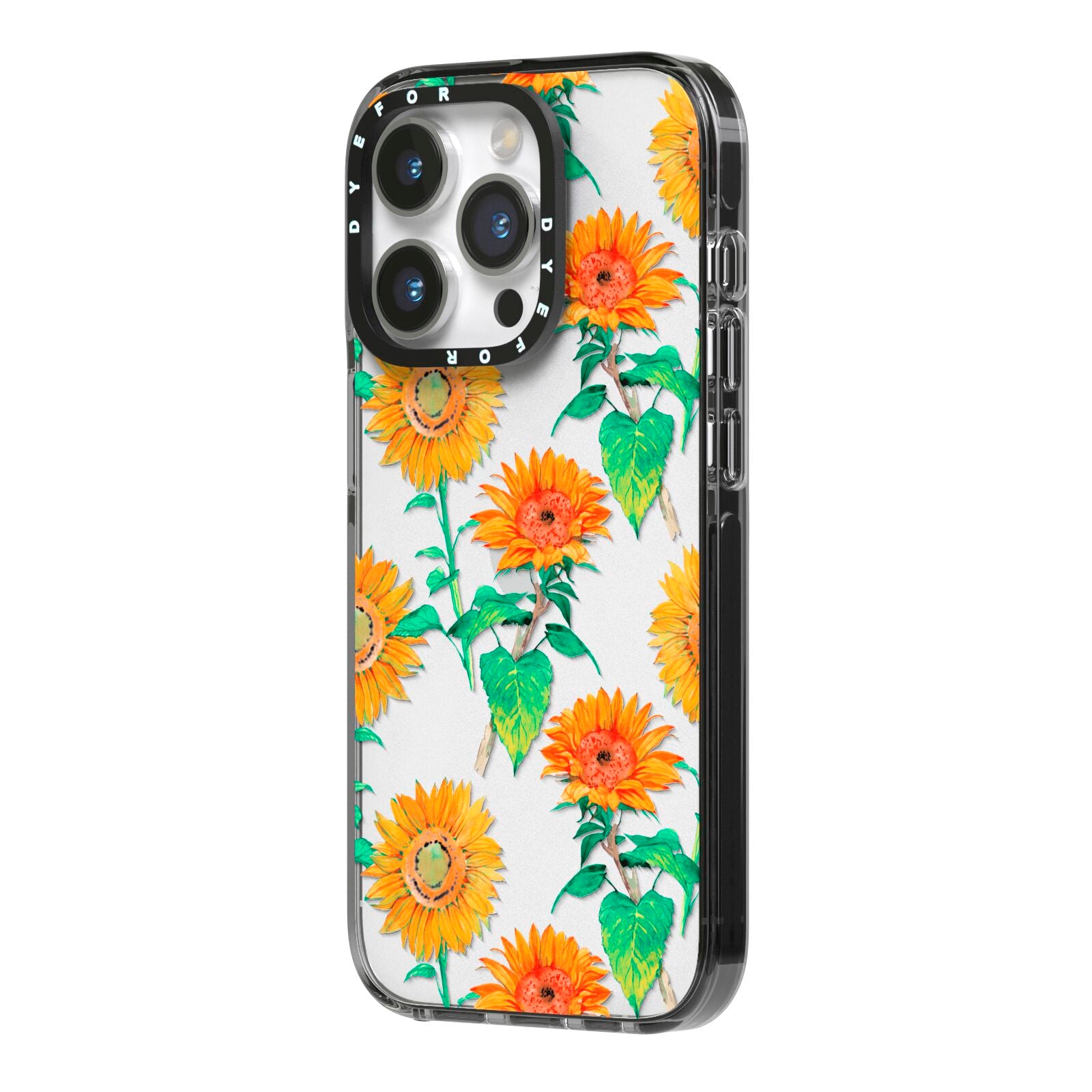 Sunflower Pattern iPhone 14 Pro Black Impact Case Side Angle on Silver phone