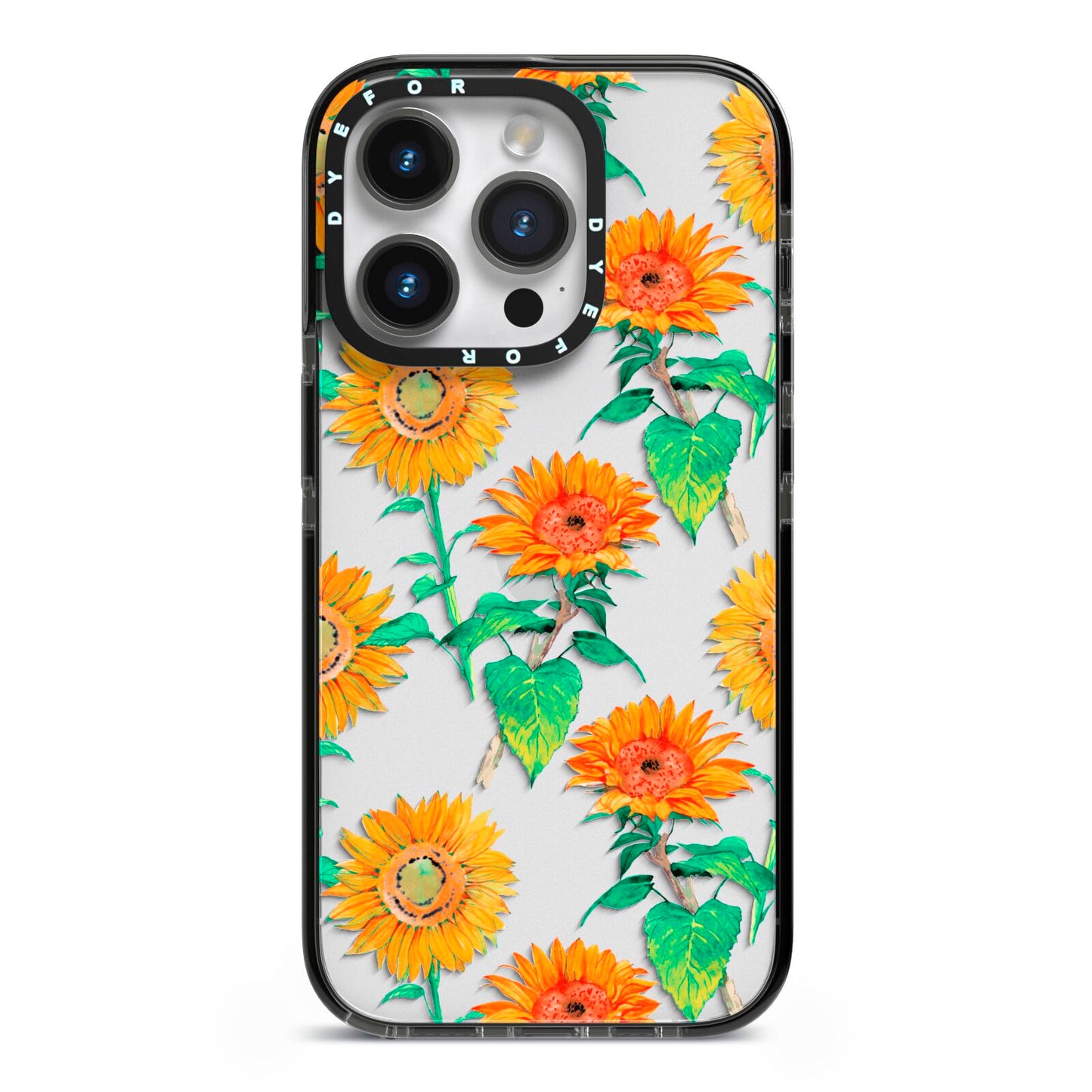 Sunflower Pattern iPhone 14 Pro Black Impact Case on Silver phone