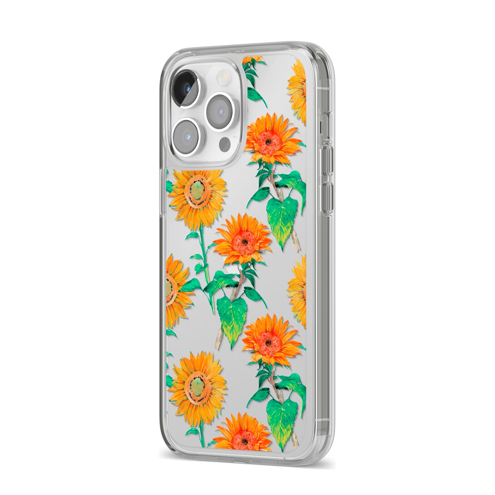 Sunflower Pattern iPhone 14 Pro Max Clear Tough Case Silver Angled Image