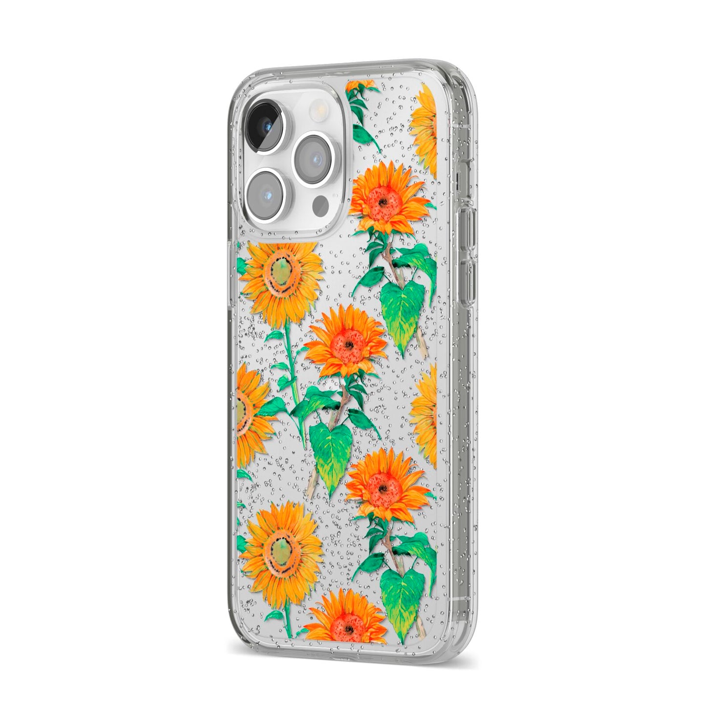 Sunflower Pattern iPhone 14 Pro Max Glitter Tough Case Silver Angled Image