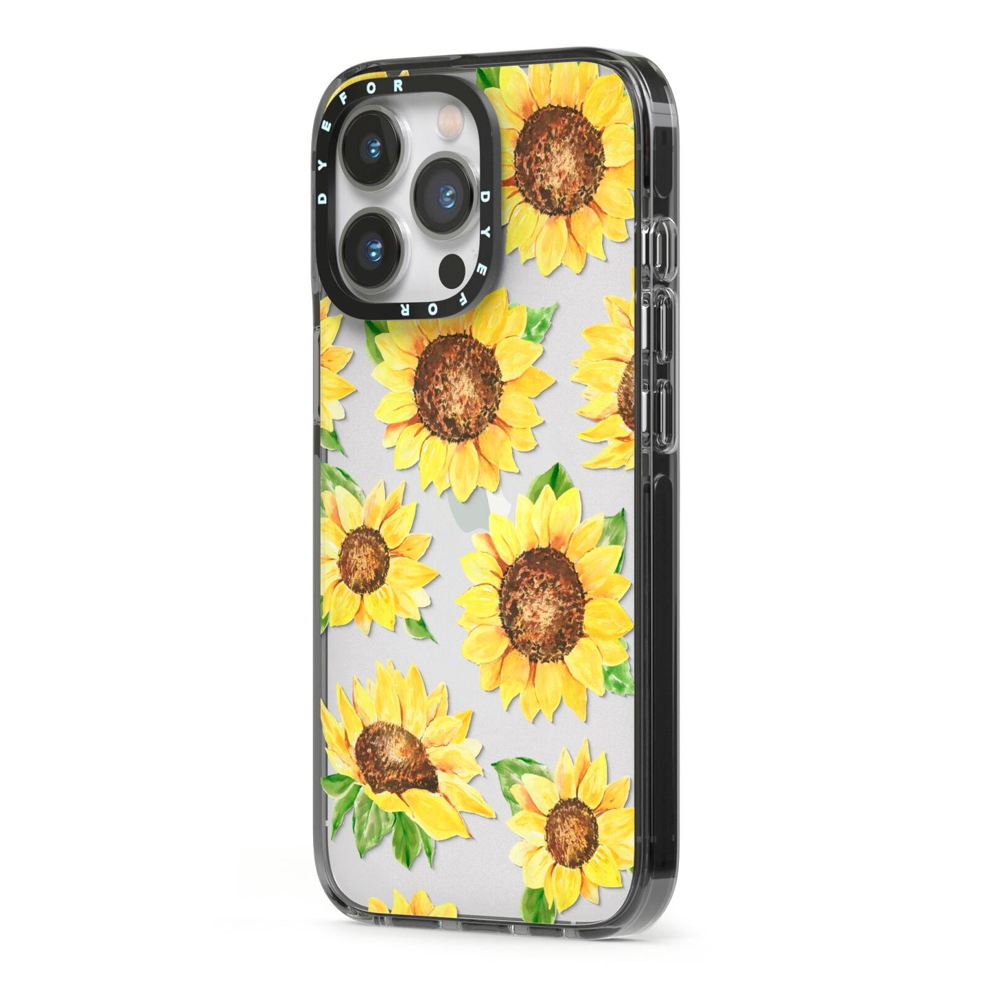 Sunflowers iPhone 13 Pro Black Impact Case Side Angle on Silver phone