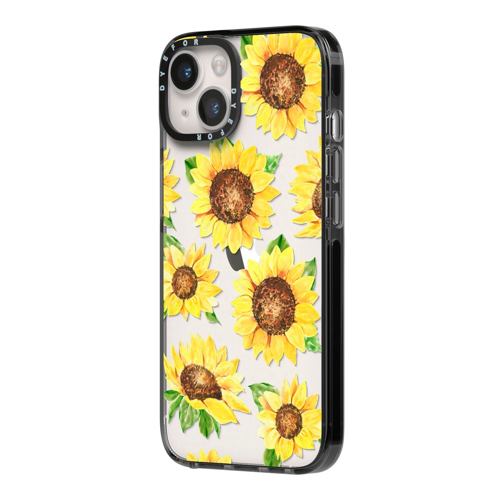 Sunflowers iPhone 14 Black Impact Case Side Angle on Silver phone
