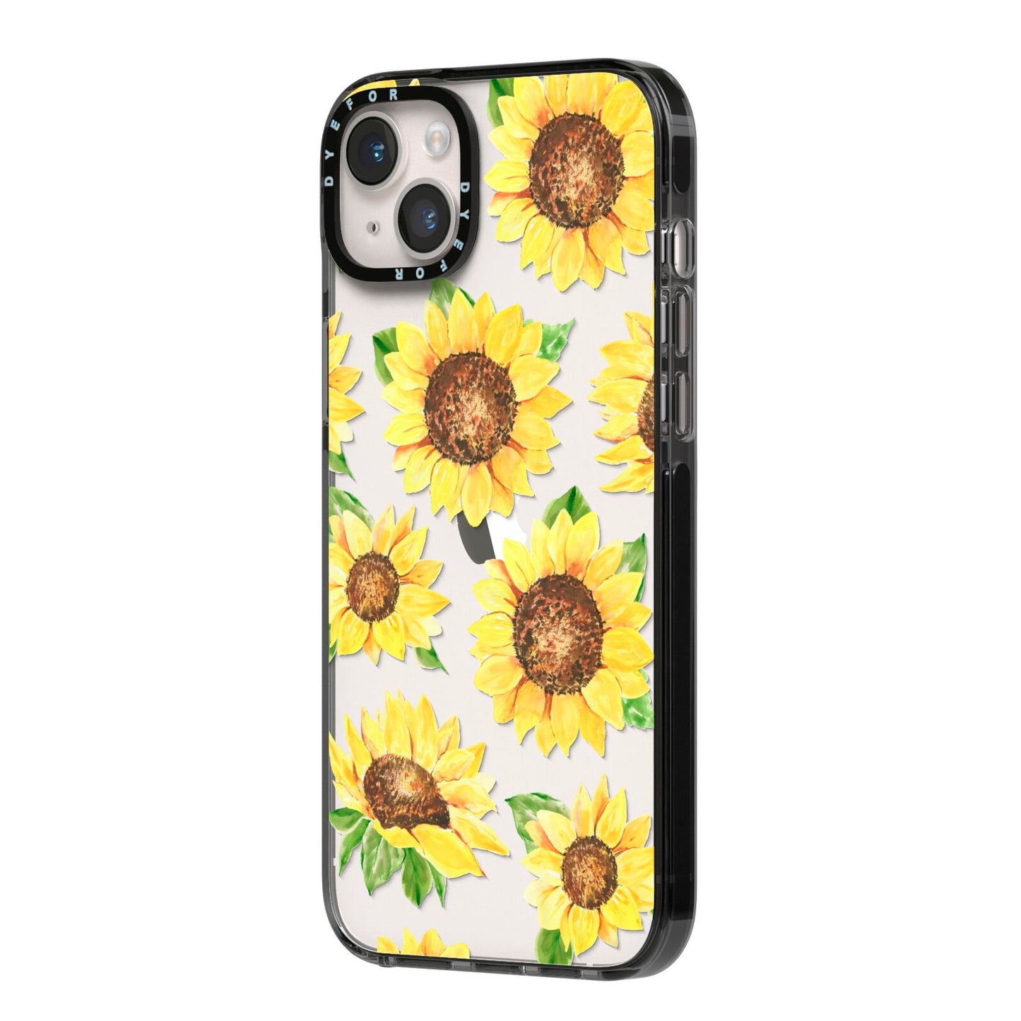 Sunflowers iPhone 14 Plus Black Impact Case Side Angle on Silver phone