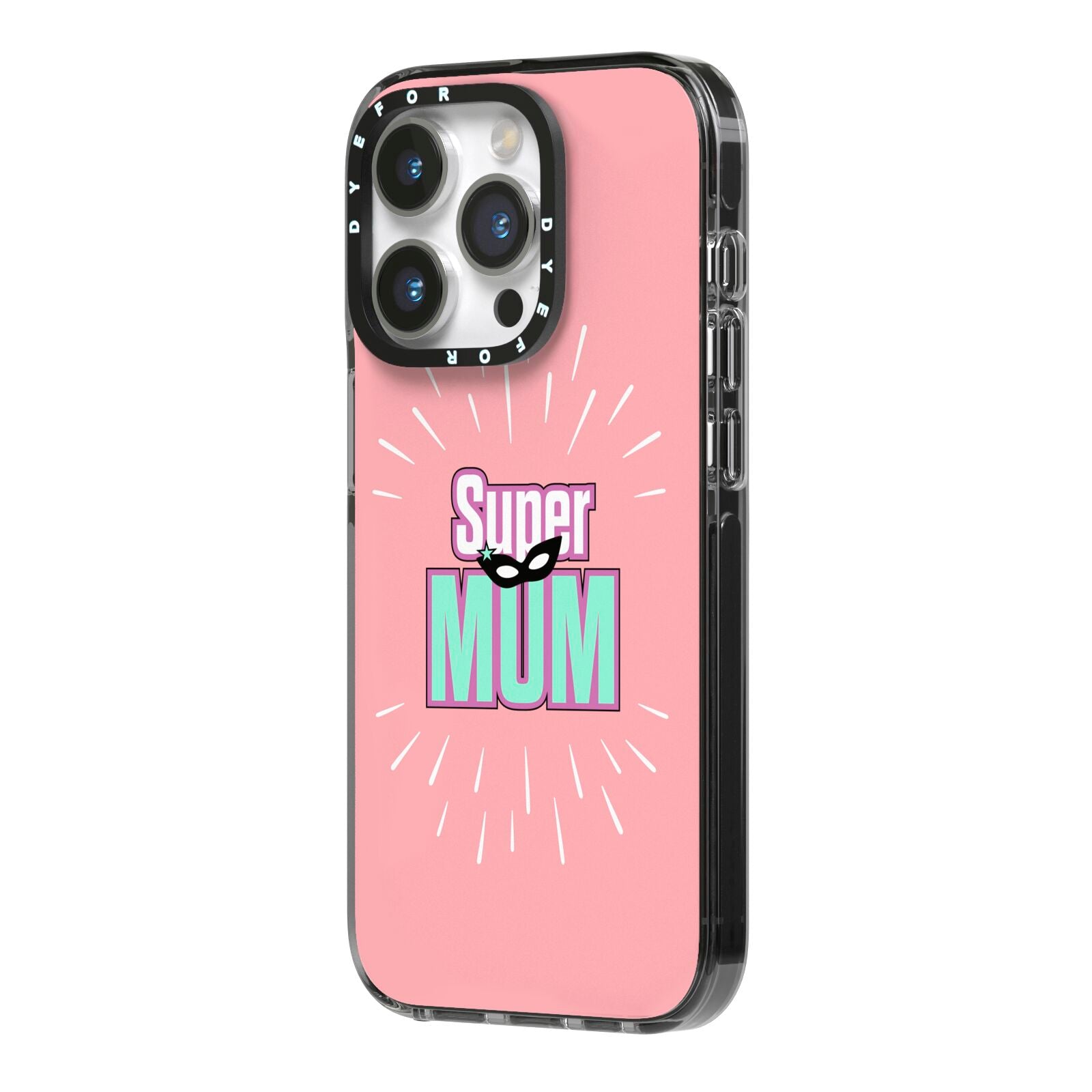 Super Mum Mothers Day iPhone 14 Pro Black Impact Case Side Angle on Silver phone