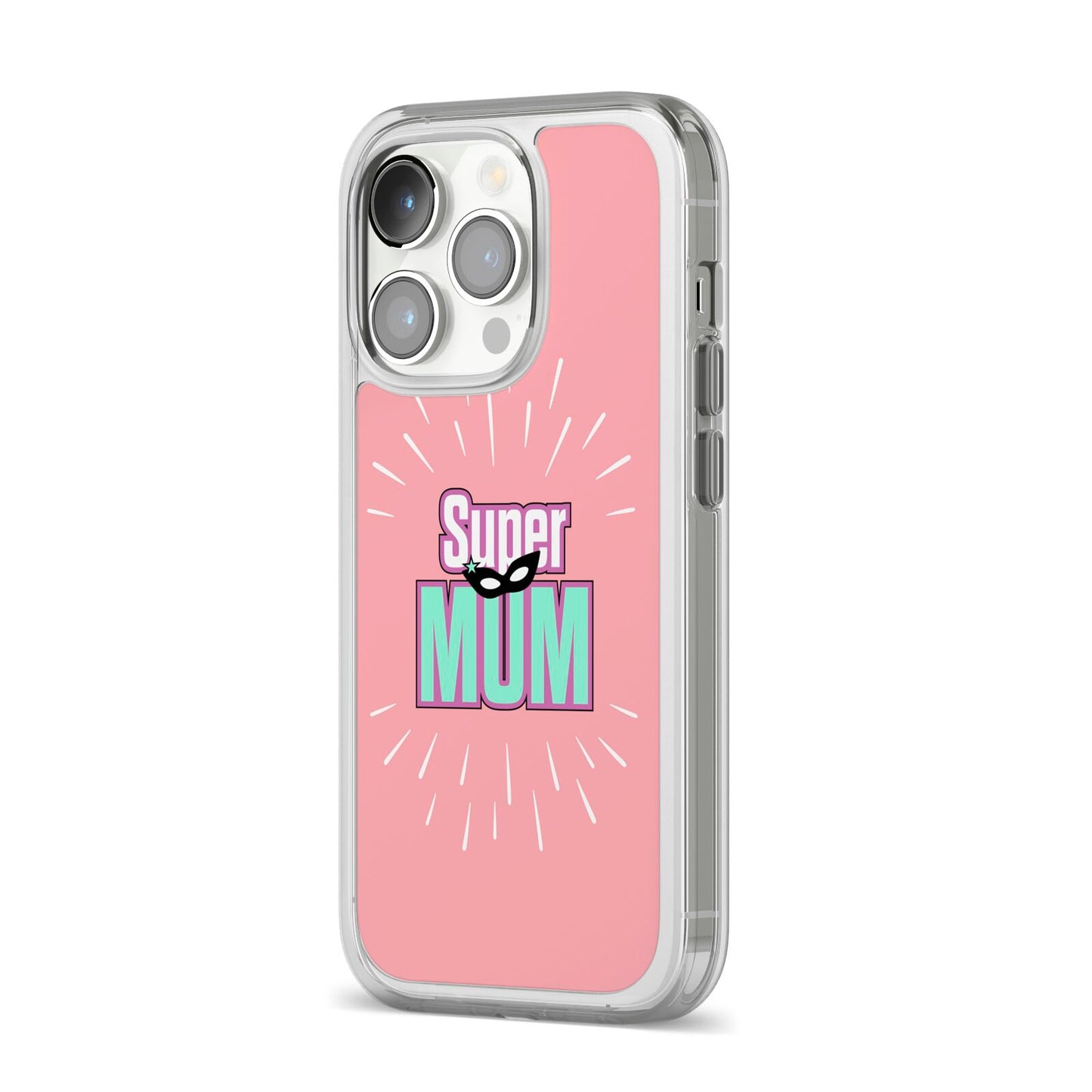 Super Mum Mothers Day iPhone 14 Pro Clear Tough Case Silver Angled Image