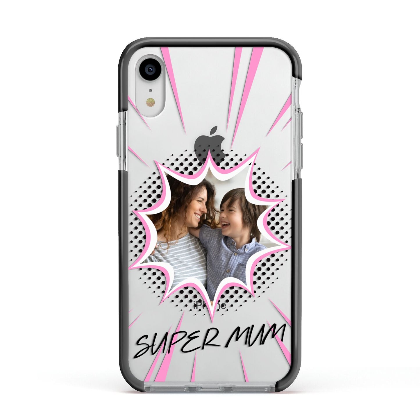 Super Mum Photo Apple iPhone XR Impact Case Black Edge on Silver Phone