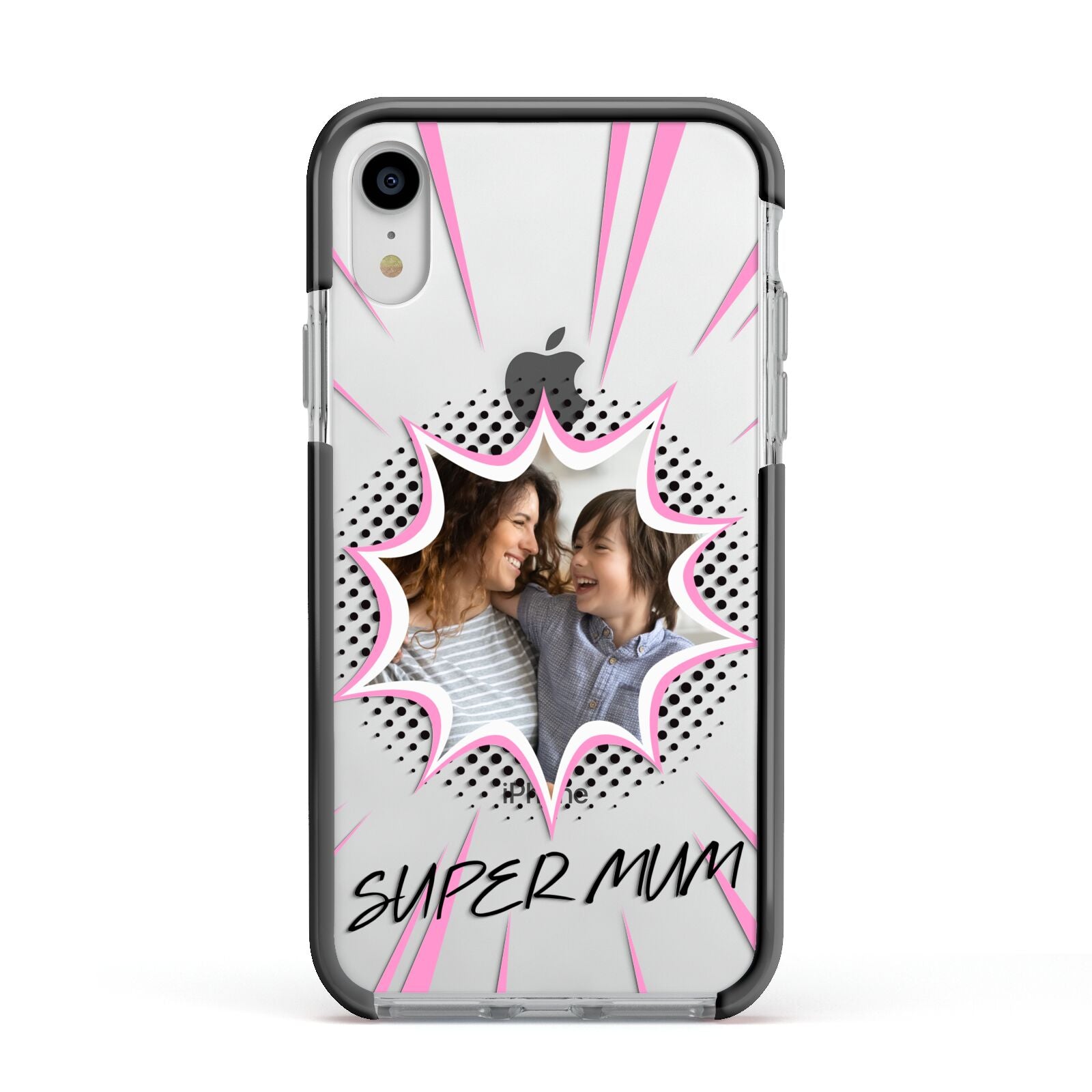 Super Mum Photo Apple iPhone XR Impact Case Black Edge on Silver Phone
