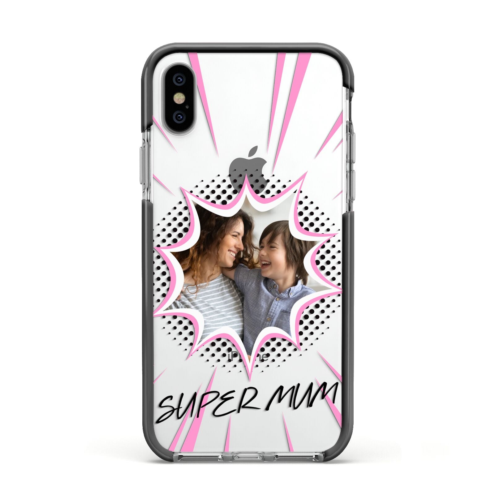 Super Mum Photo Apple iPhone Xs Impact Case Black Edge on Silver Phone