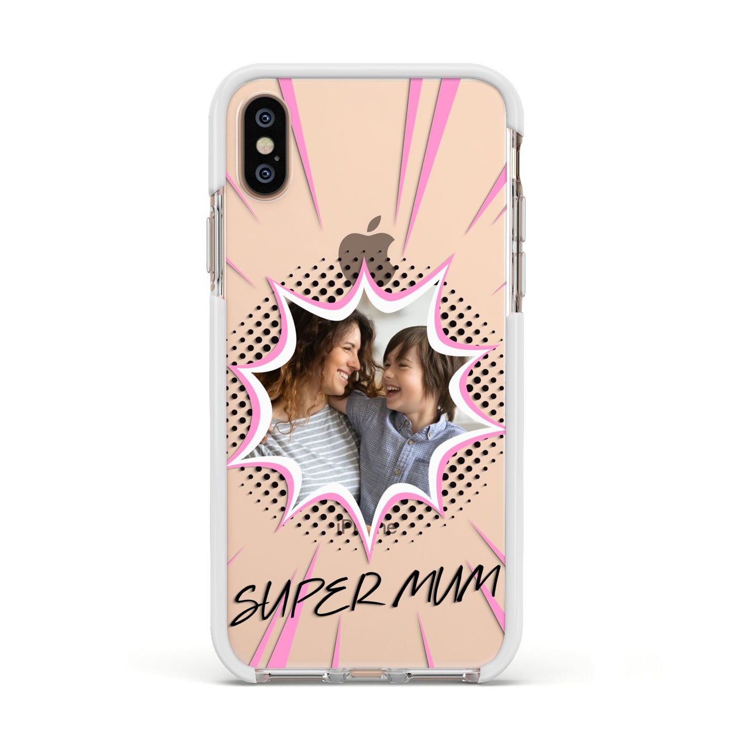 Super Mum Photo Apple iPhone Xs Impact Case White Edge on Gold Phone