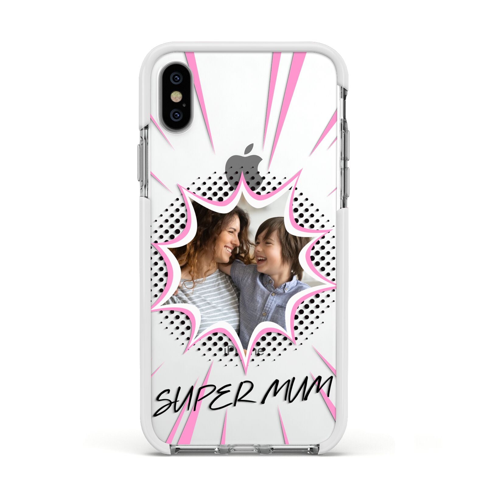 Super Mum Photo Apple iPhone Xs Impact Case White Edge on Silver Phone