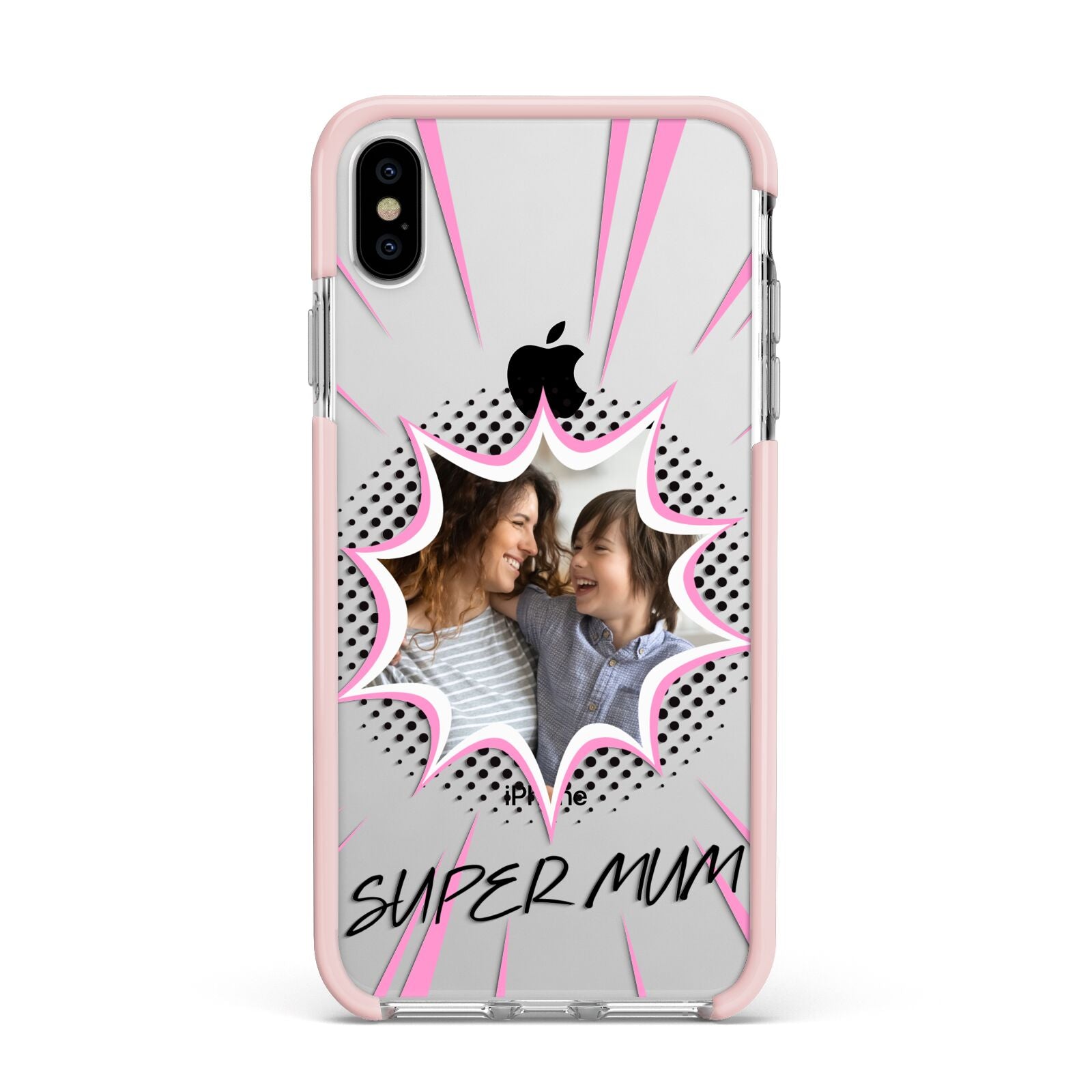 Super Mum Photo Apple iPhone Xs Max Impact Case Pink Edge on Silver Phone