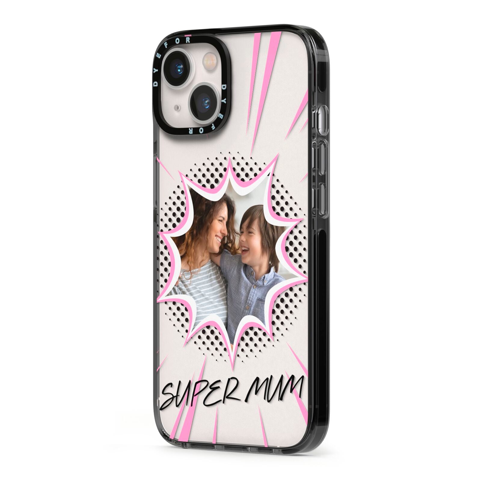 Super Mum Photo iPhone 13 Black Impact Case Side Angle on Silver phone
