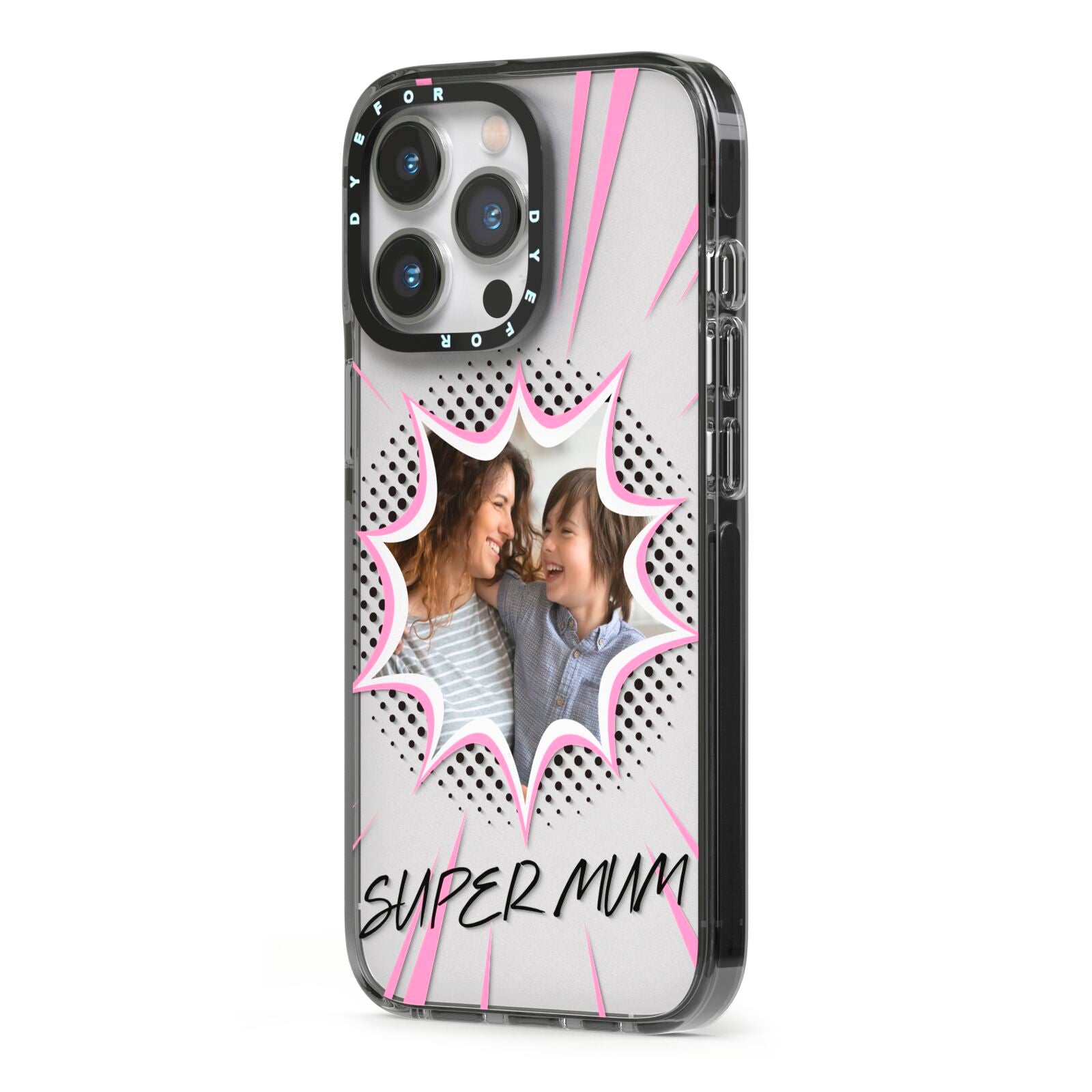 Super Mum Photo iPhone 13 Pro Black Impact Case Side Angle on Silver phone