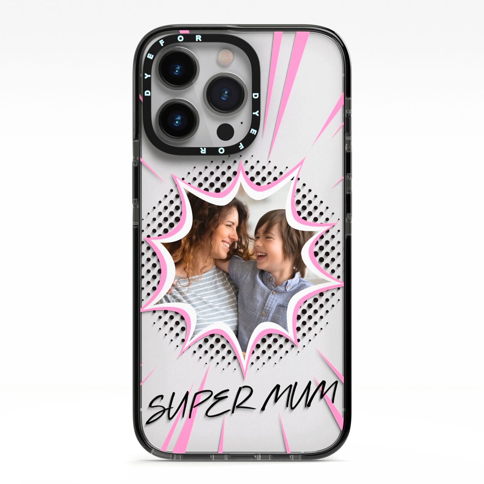 Super Mum Photo iPhone 13 Pro Black Impact Case on Silver phone