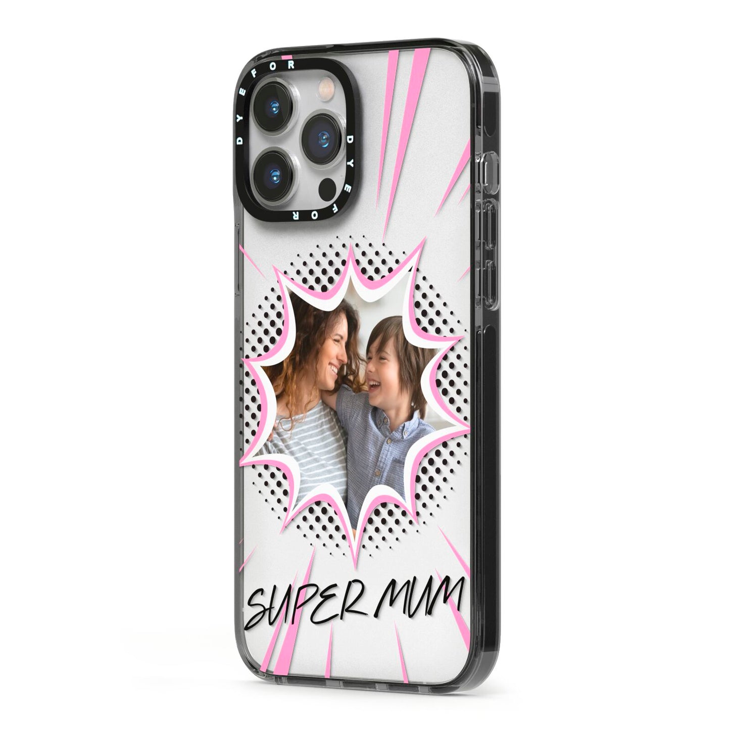 Super Mum Photo iPhone 13 Pro Max Black Impact Case Side Angle on Silver phone