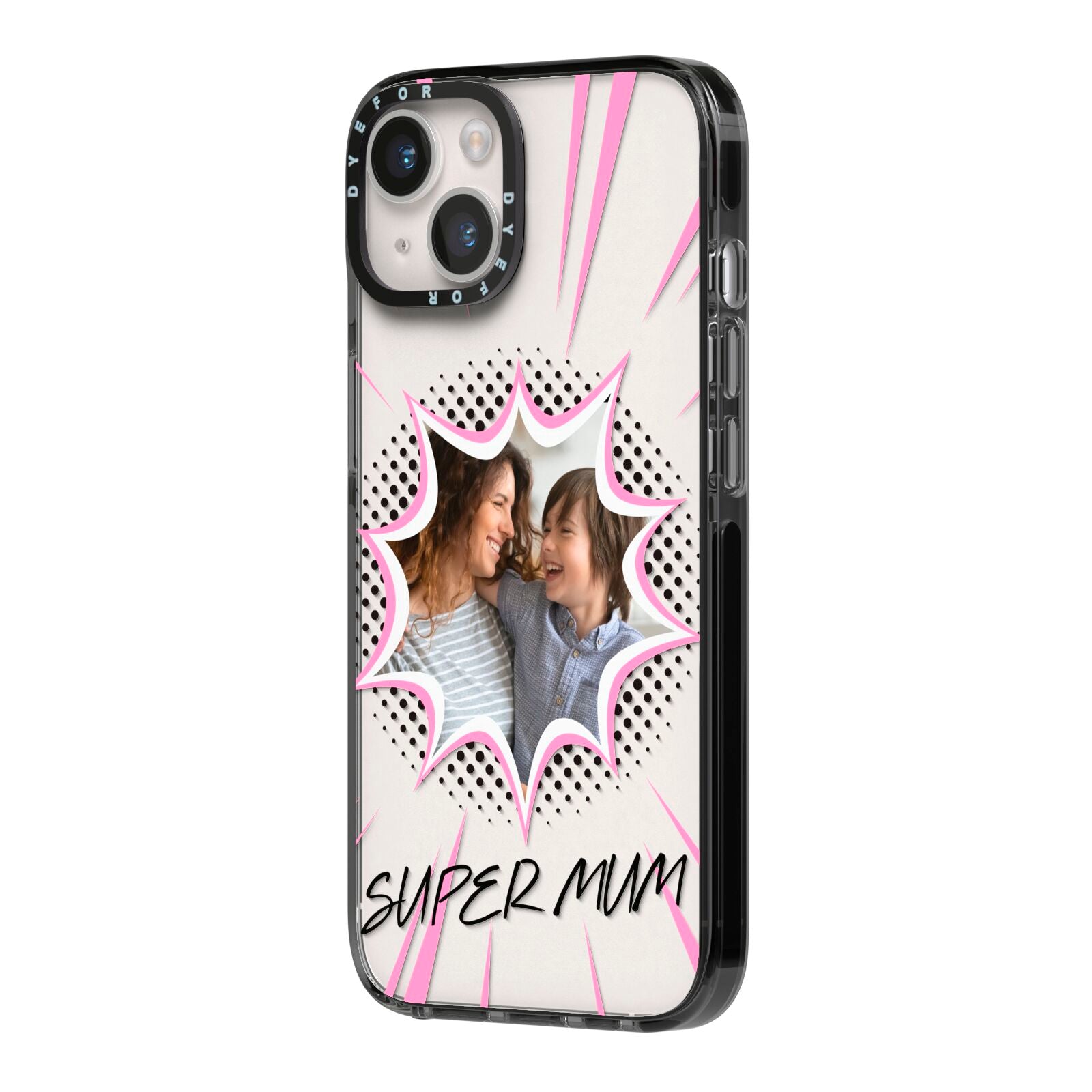 Super Mum Photo iPhone 14 Black Impact Case Side Angle on Silver phone