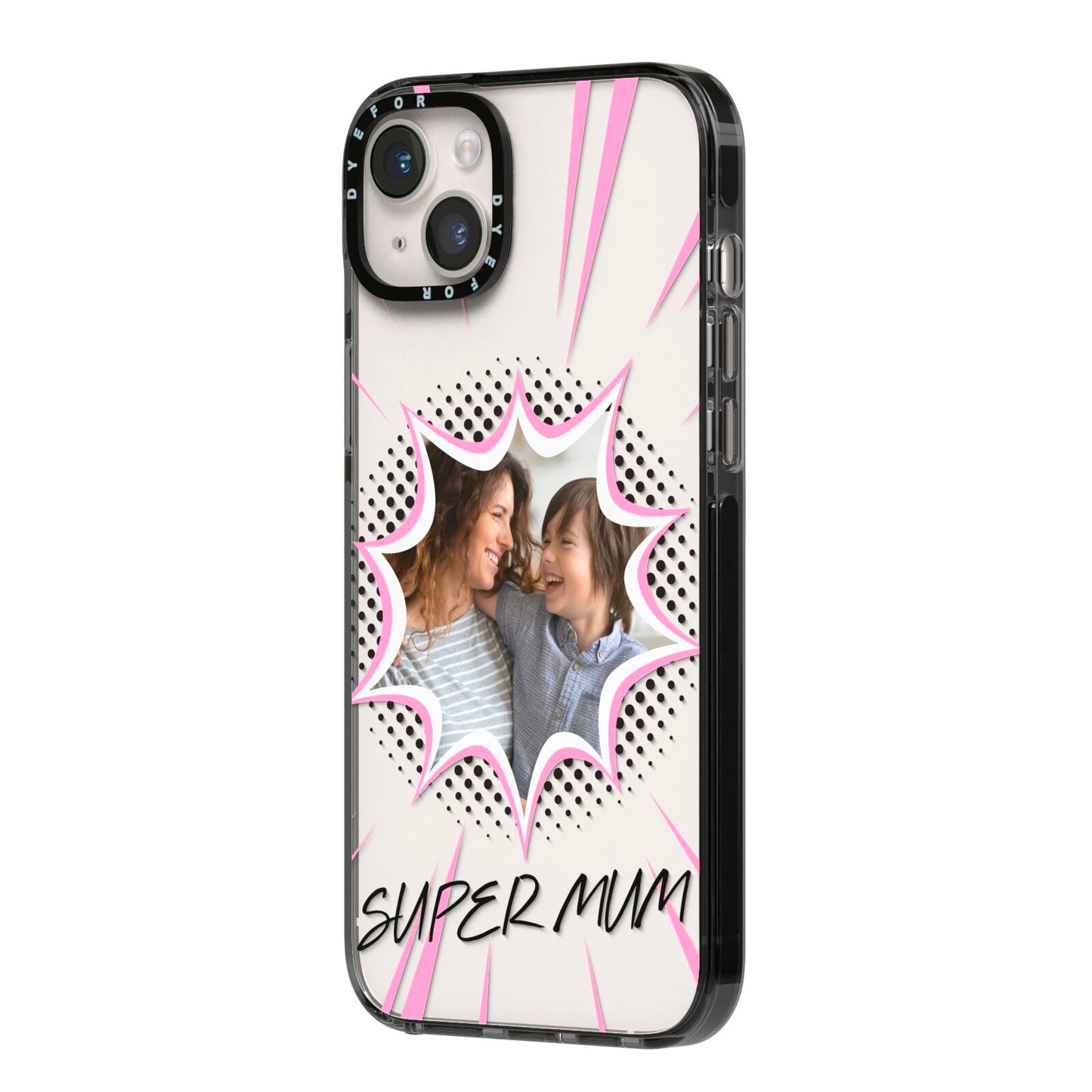 Super Mum Photo iPhone 14 Plus Black Impact Case Side Angle on Silver phone