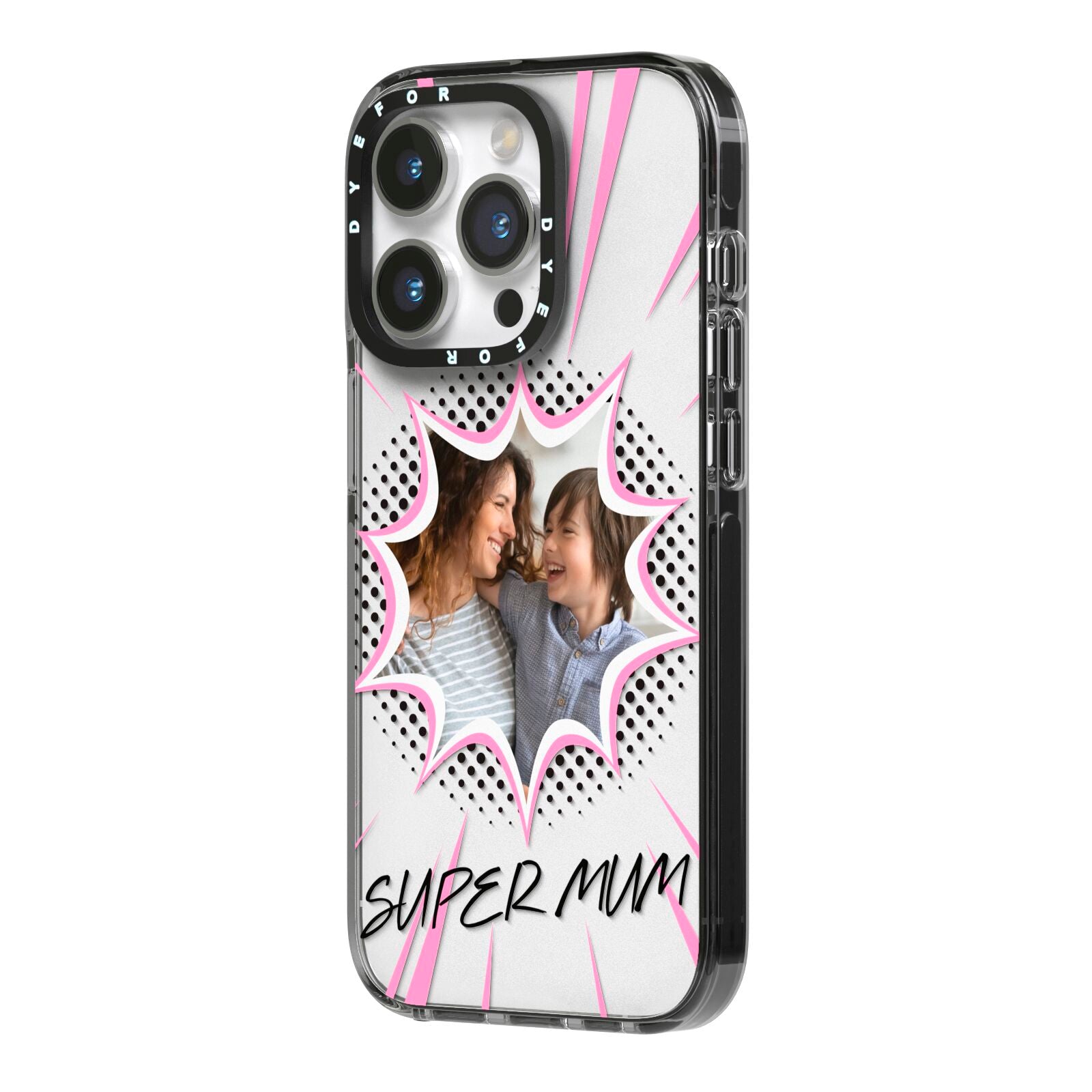 Super Mum Photo iPhone 14 Pro Black Impact Case Side Angle on Silver phone