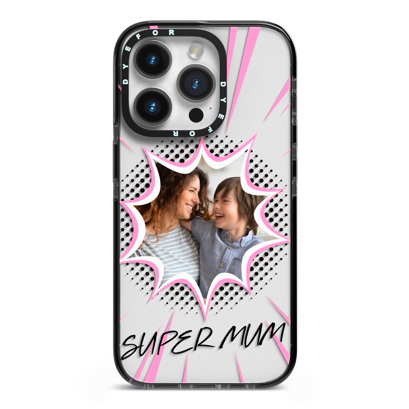 Super Mum Photo iPhone 14 Pro Black Impact Case on Silver phone