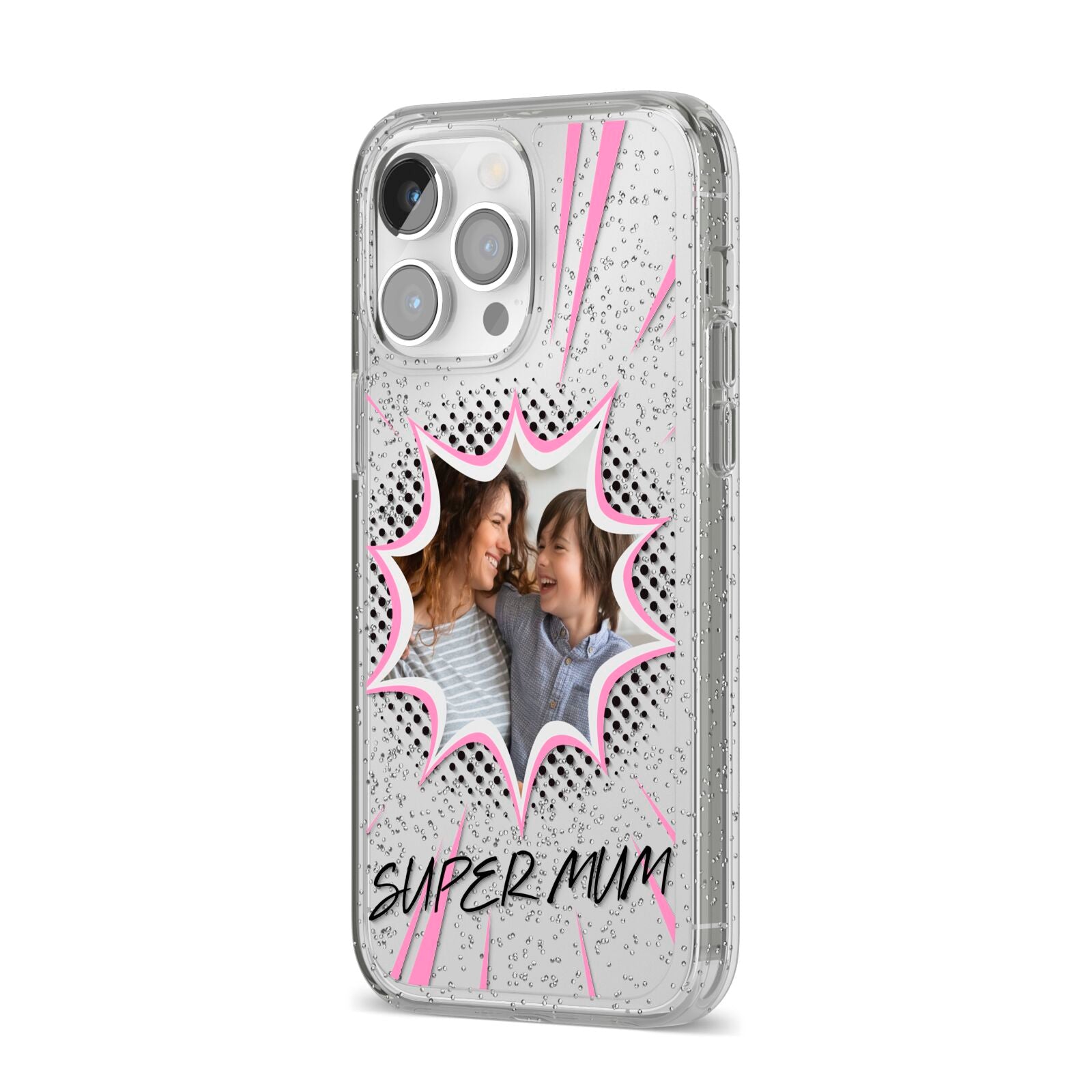 Super Mum Photo iPhone 14 Pro Max Glitter Tough Case Silver Angled Image