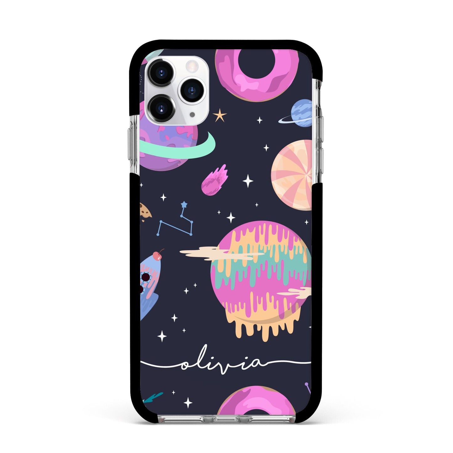 Super Sweet Galactic Custom Name Apple iPhone 11 Pro Max in Silver with Black Impact Case