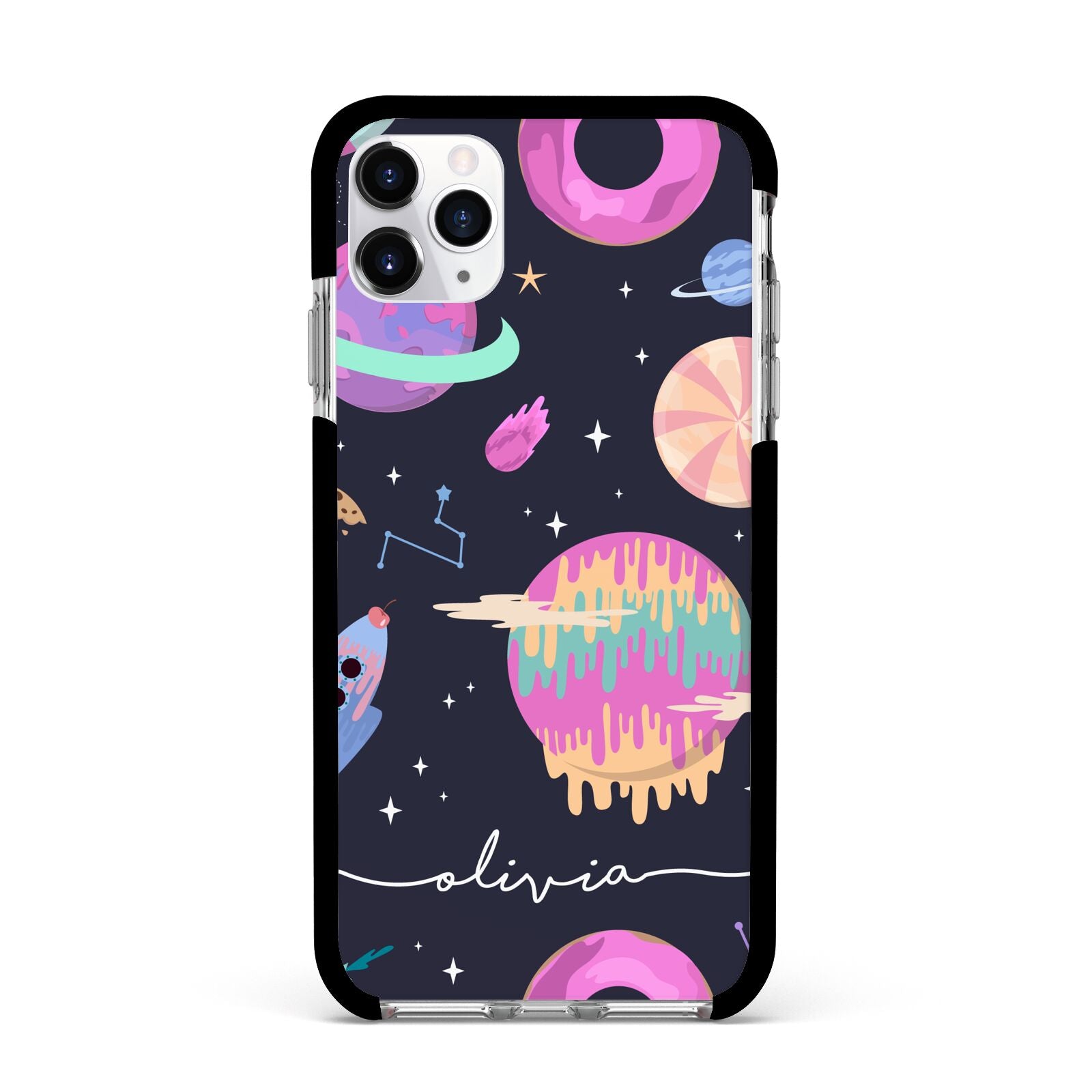 Super Sweet Galactic Custom Name Apple iPhone 11 Pro Max in Silver with Black Impact Case