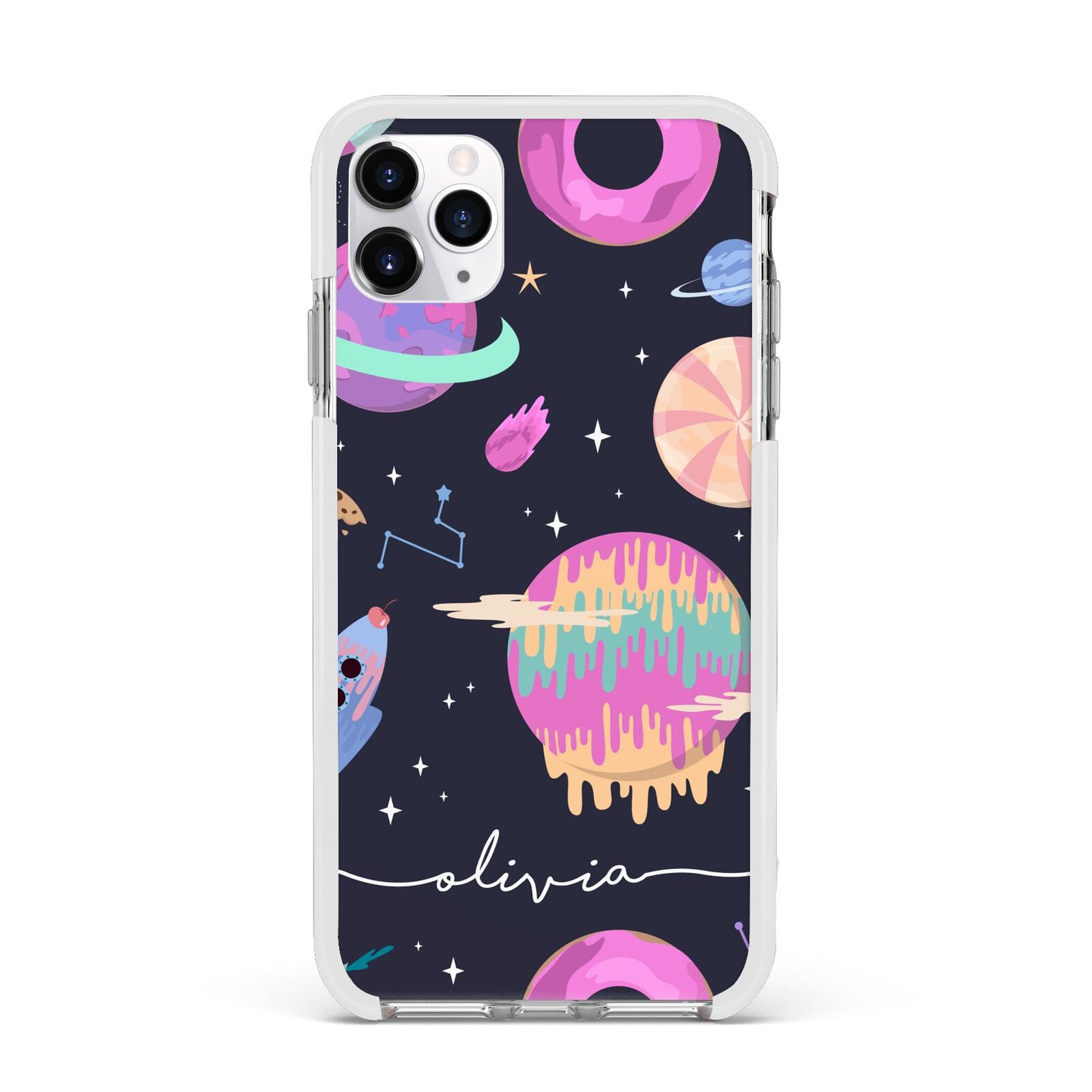 Super Sweet Galactic Custom Name Apple iPhone 11 Pro Max in Silver with White Impact Case