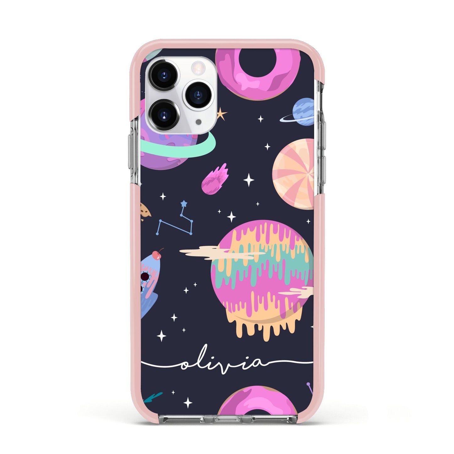 Super Sweet Galactic Custom Name Apple iPhone 11 Pro in Silver with Pink Impact Case