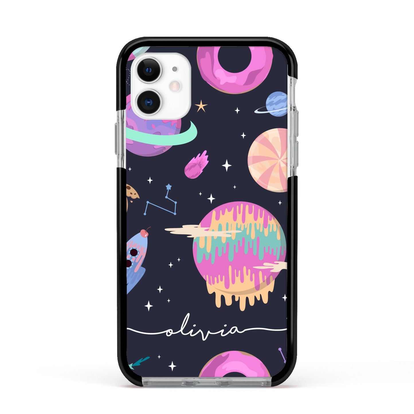 Super Sweet Galactic Custom Name Apple iPhone 11 in White with Black Impact Case