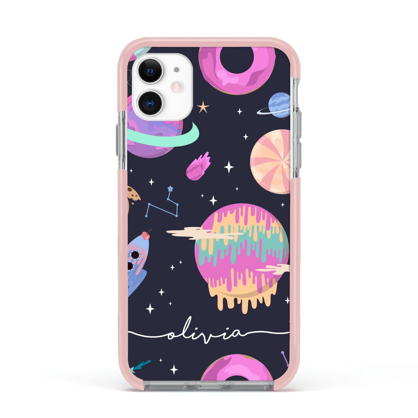 Super Sweet Galactic Custom Name Apple iPhone 11 in White with Pink Impact Case